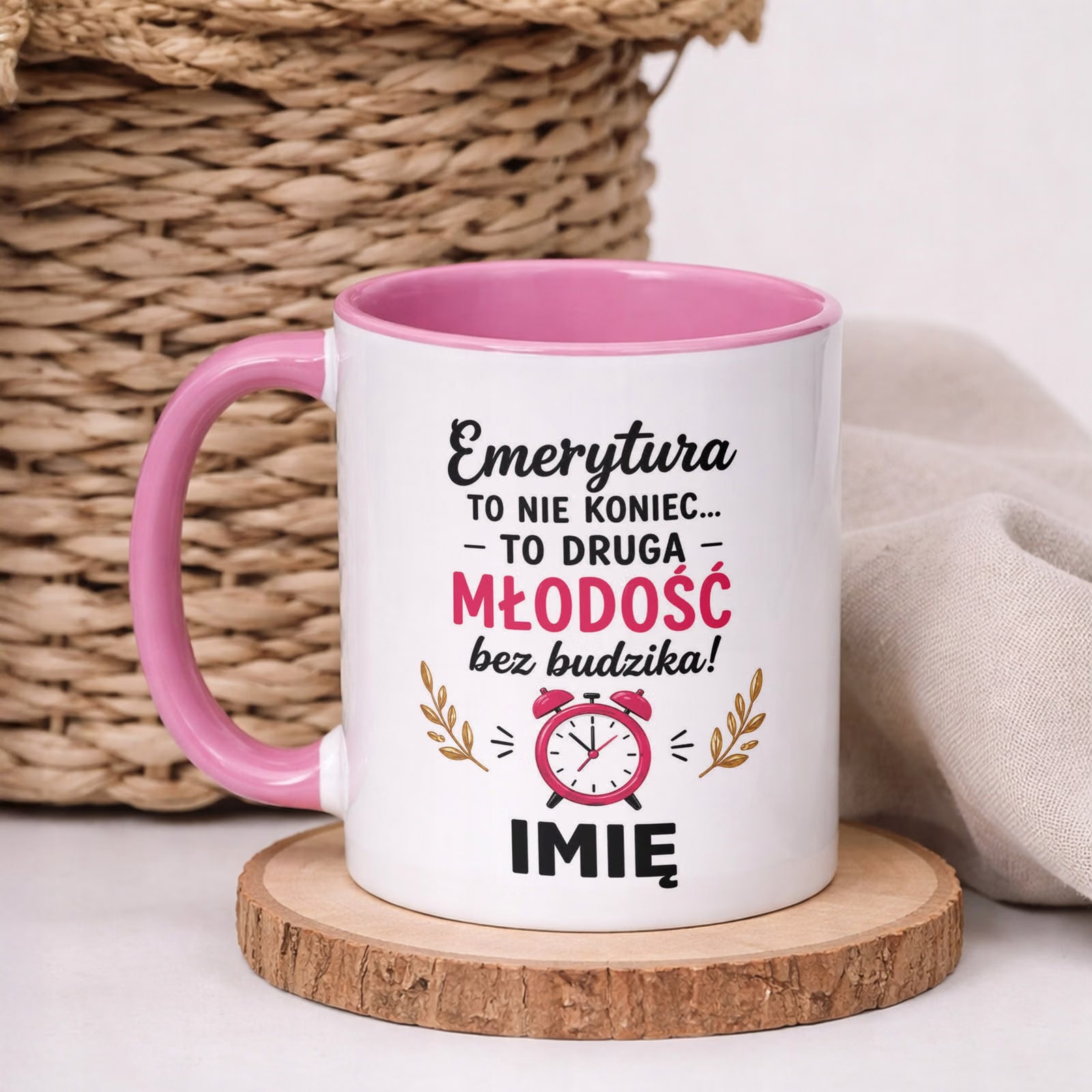 Kubek Różowy Personalizowany z Nadrukiem Emerytura Dla Emerytki Prezent