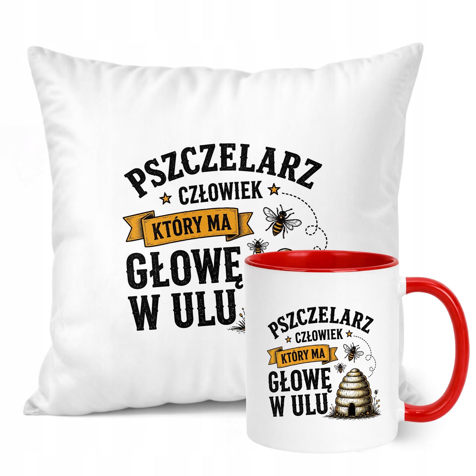 Zestaw Kubek Czerwony Poduszka Z Nadrukiem Dla Pszczelarza Prezent