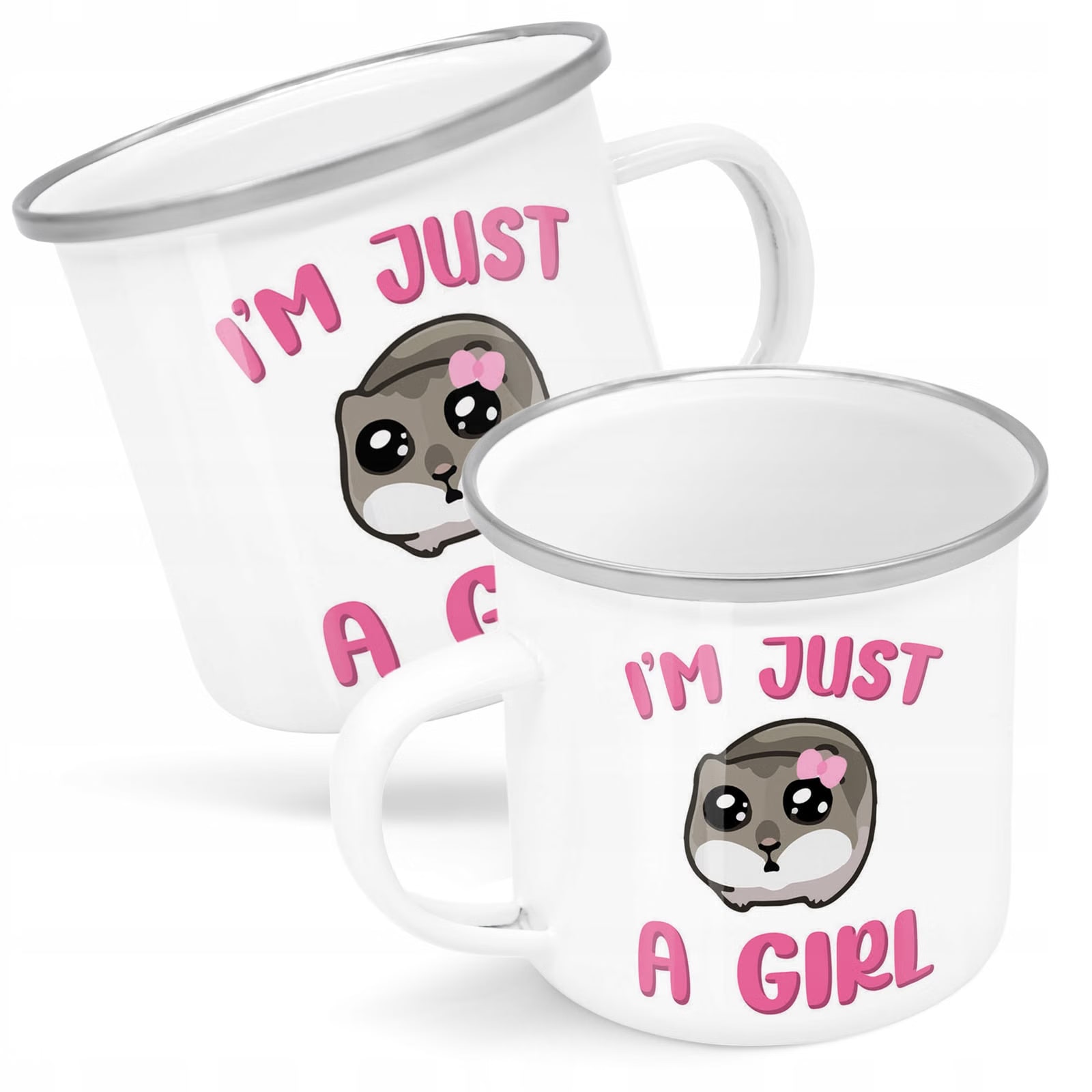 Kubek Emaliowany I’M JUST A GIRL Zabawny z Nadrukiem Biały Metalowy