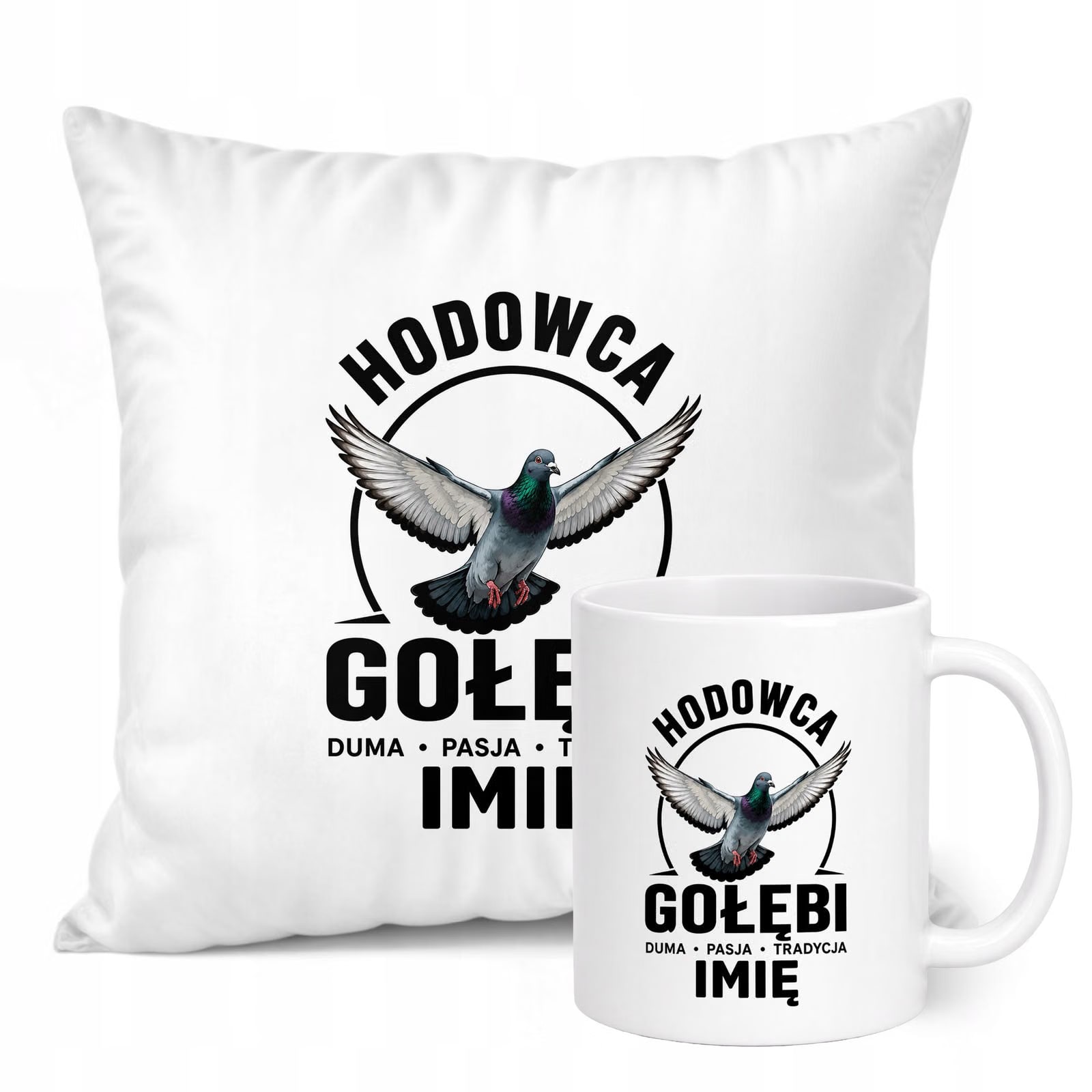 Zestaw Personalizowany Kubek Biały Poduszka Z Nadrukiem Dla Gołębiarza
