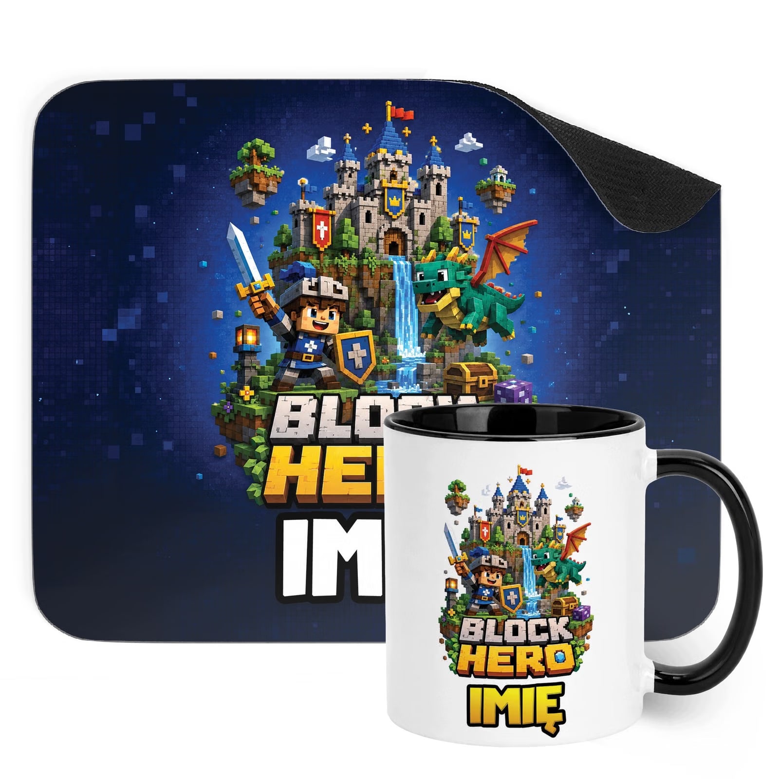 Zestaw personalizowany Kubek Czarny Podkładka pod mysz gra Block Hero
