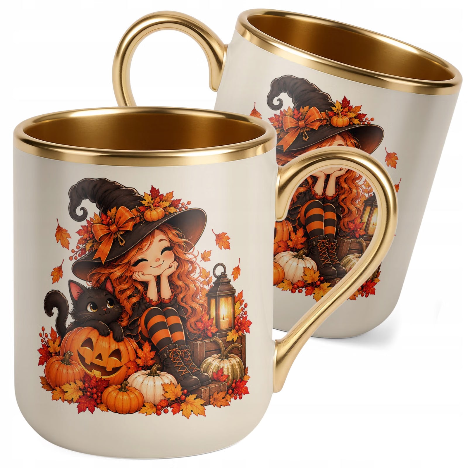 Kubek Premium Złoty Ecru z Nadrukiem Halloween Jesień Prezent