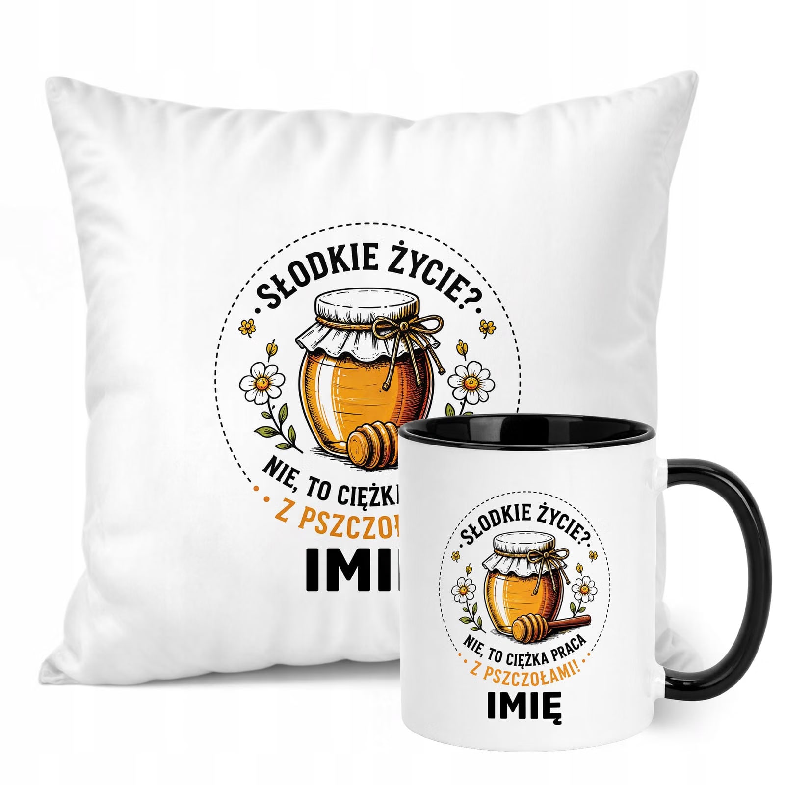 Zestaw Personalizowany Kubek Czarny Poduszka Z Nadrukiem Dla Pszczelarza