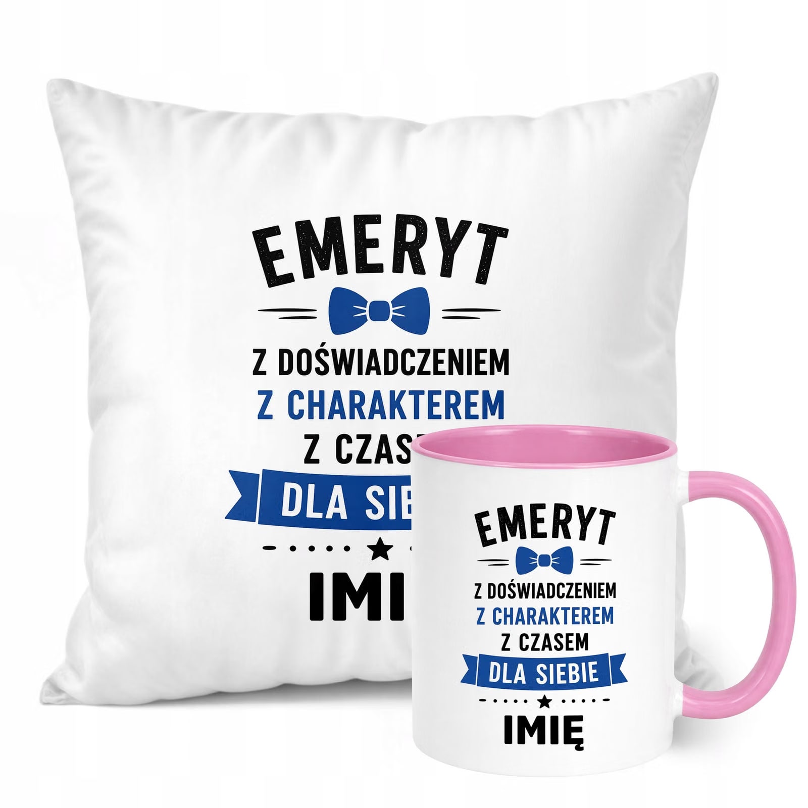 Zestaw Personalizowany Kubek Różowy Poduszka Emerytura Upominek Prezent