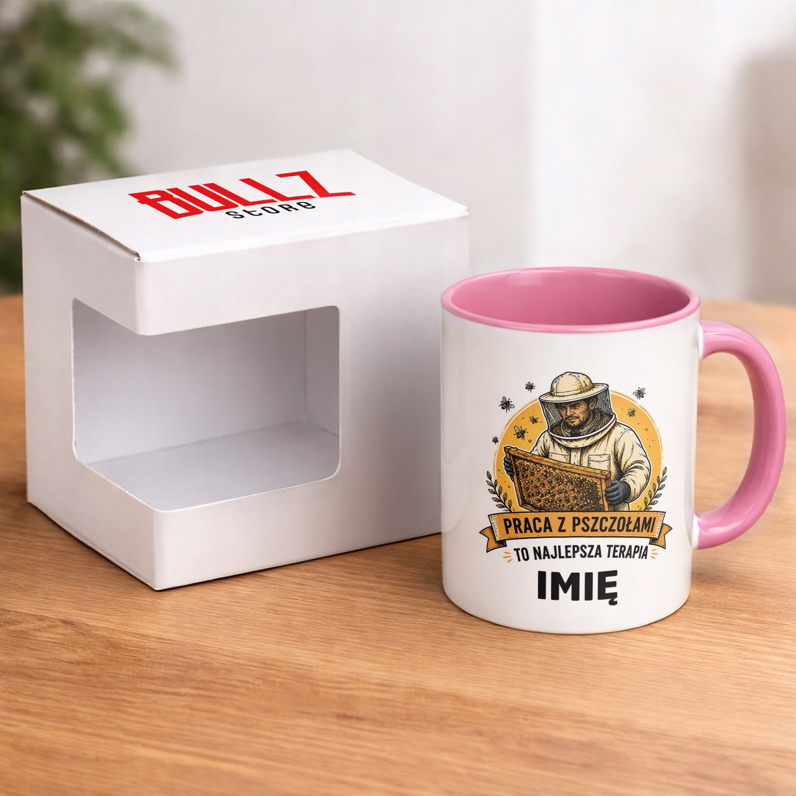 Różowy Kubek Personalizowany z nadrukiem Dla Pszczelarza Upominek Prezent