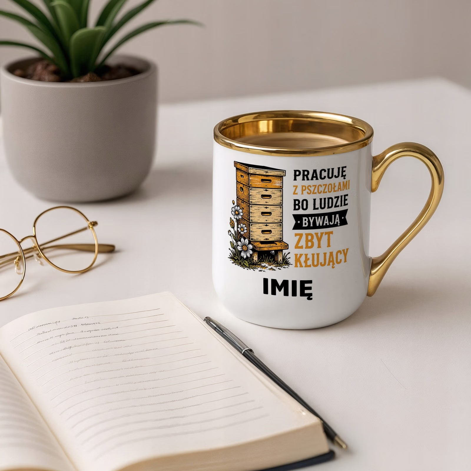Kubek Personalizowany z nadrukiem Premium Złoty Dla Pszczelarza Prezent