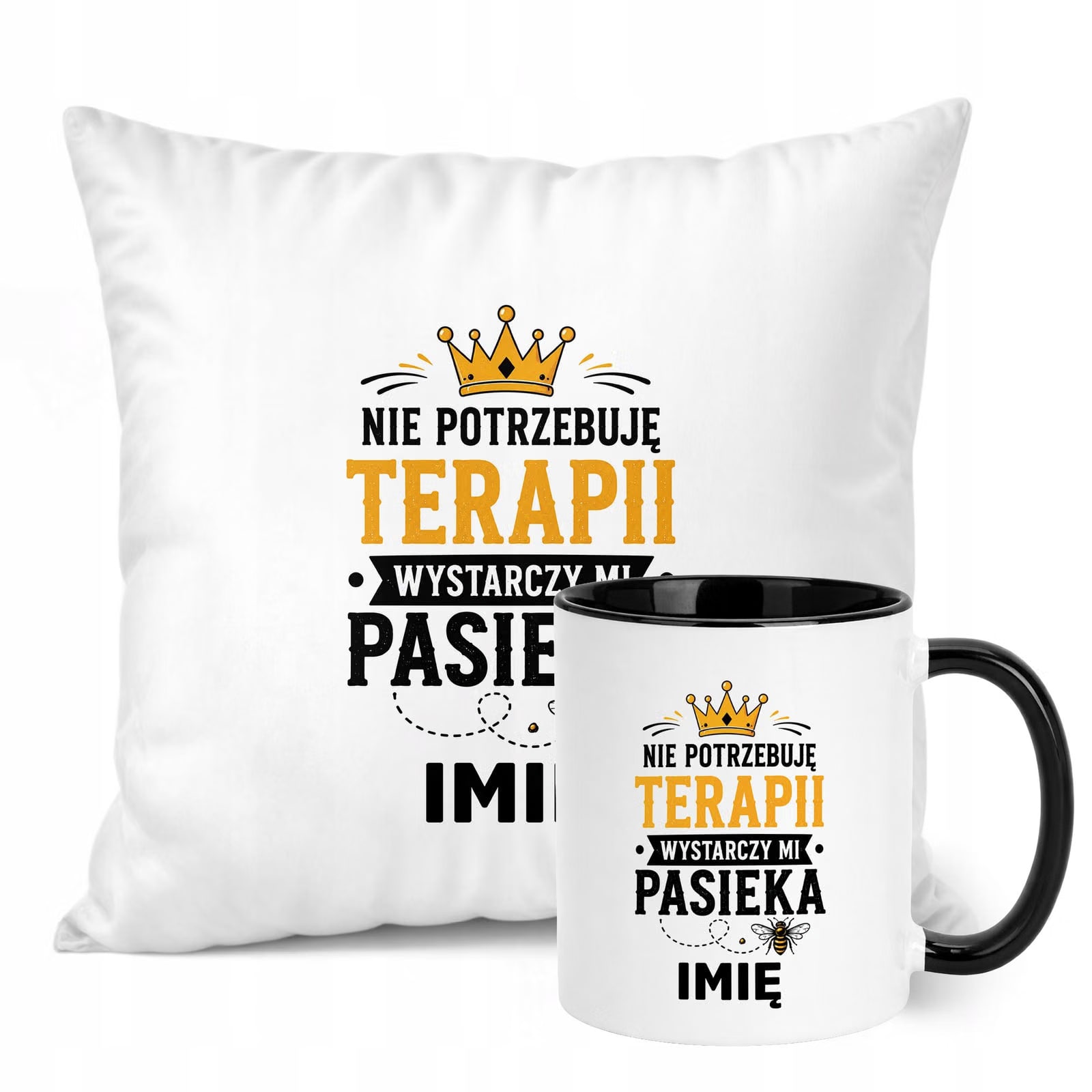 Zestaw Personalizowany Kubek Czarny Poduszka Z Nadrukiem Dla Pszczelarza