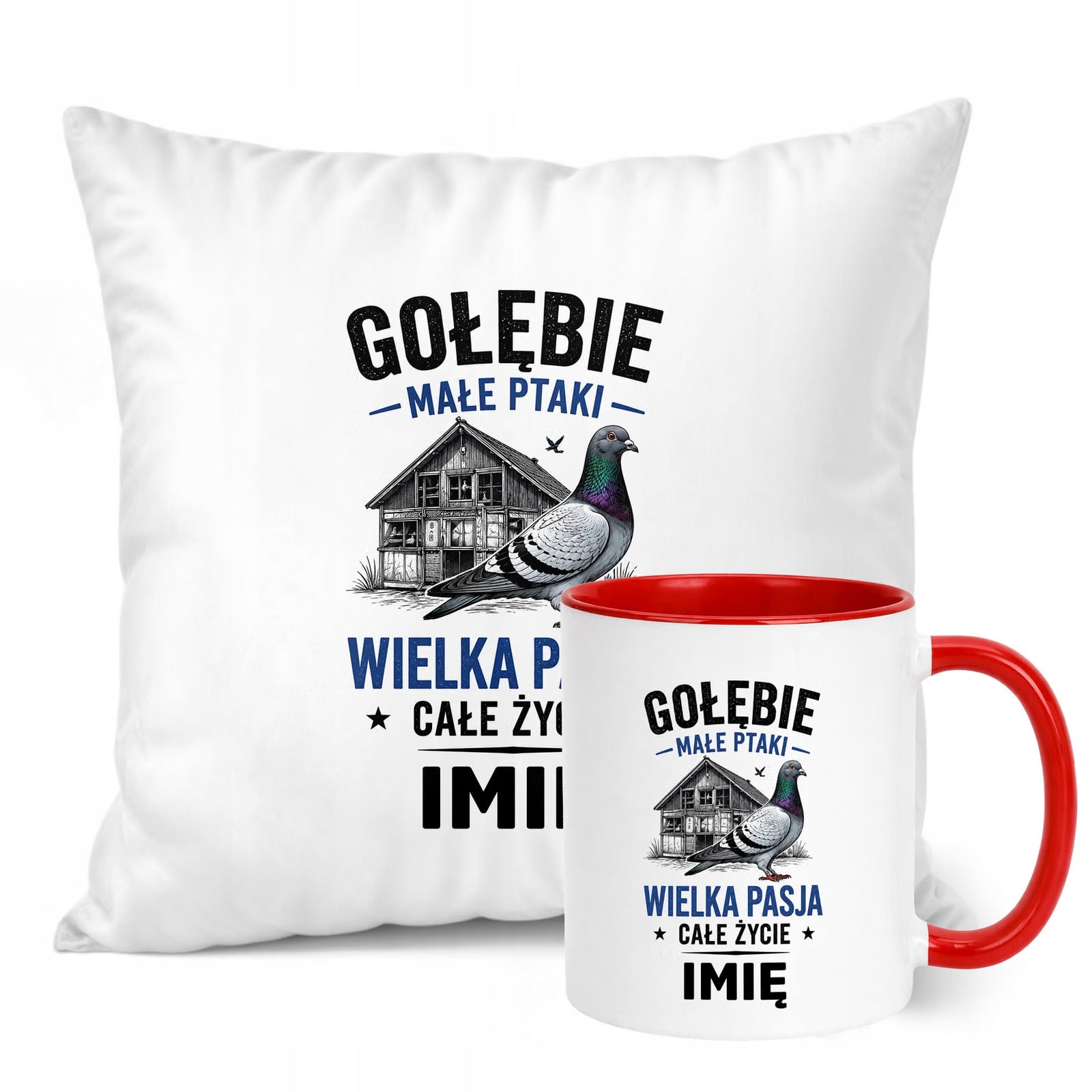 Zestaw Personalizowany Kubek Czerwony Poduszka Z Nadrukiem Dla Gołębiarza