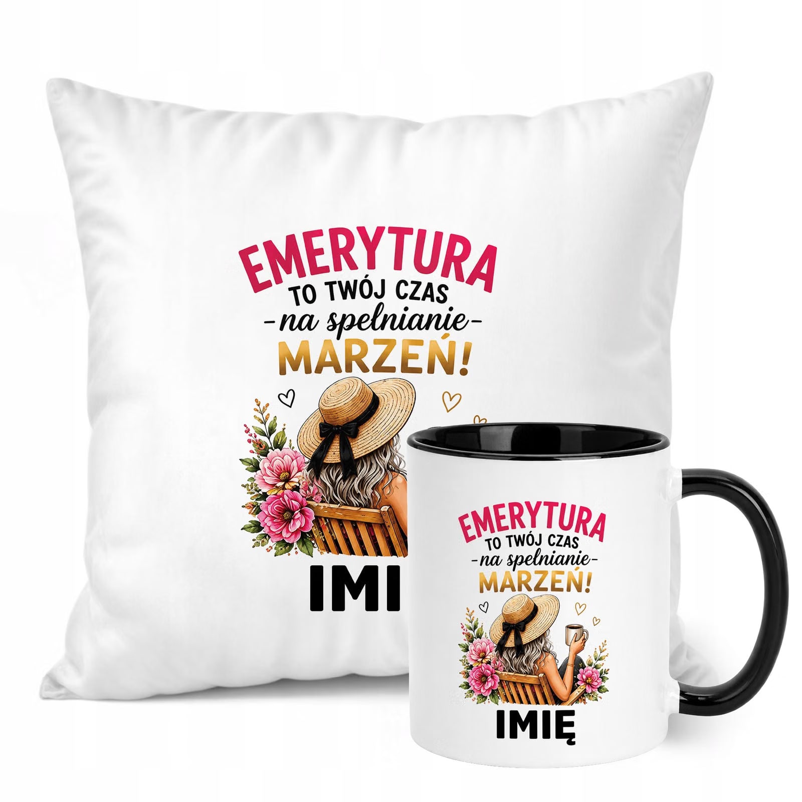 Zestaw Personalizowany Kubek Czarny Poduszka Emerytura Upominek Prezent