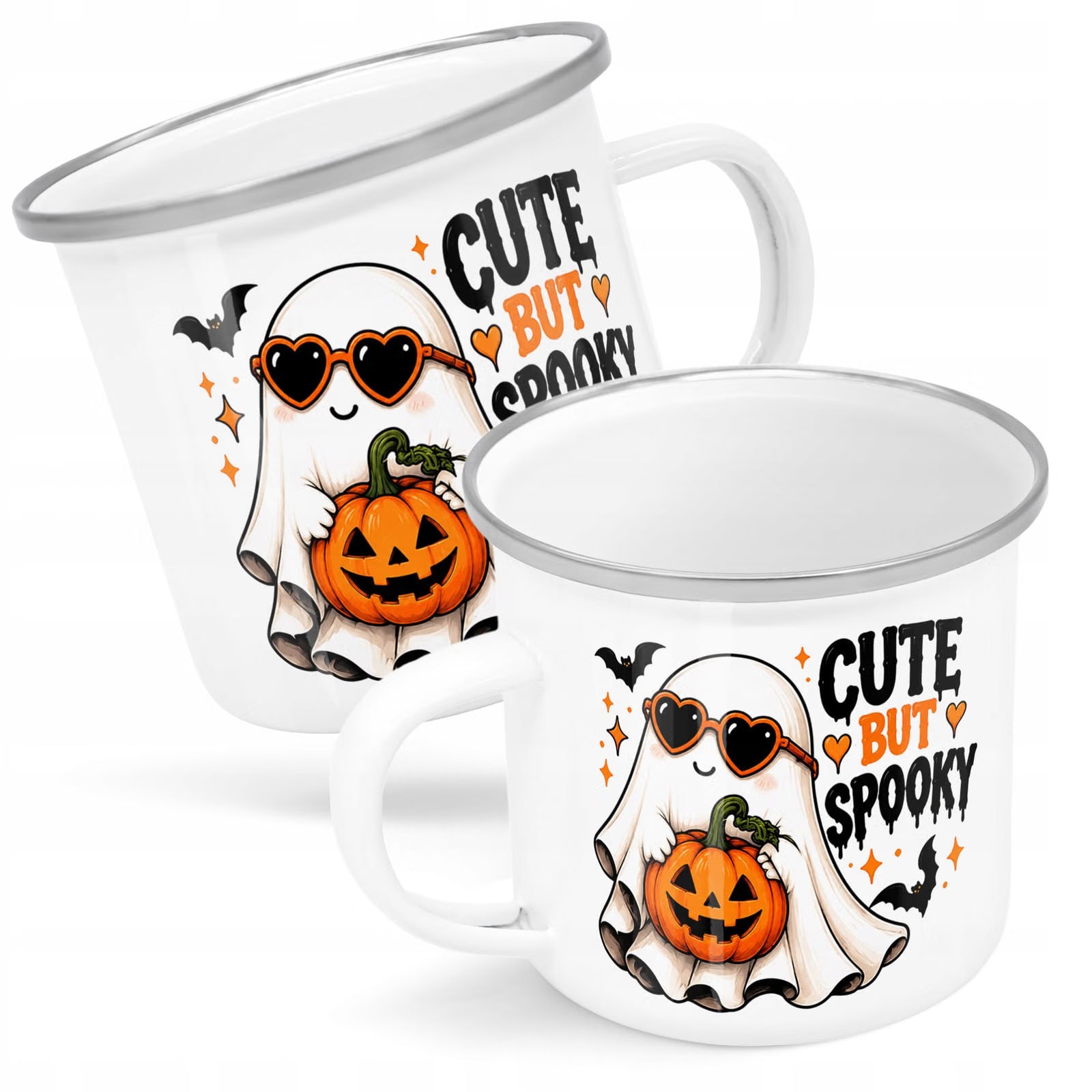 Kubek Emaliowany Halloween Duch Dynia z Nadrukiem Biały Metalowy Prezent