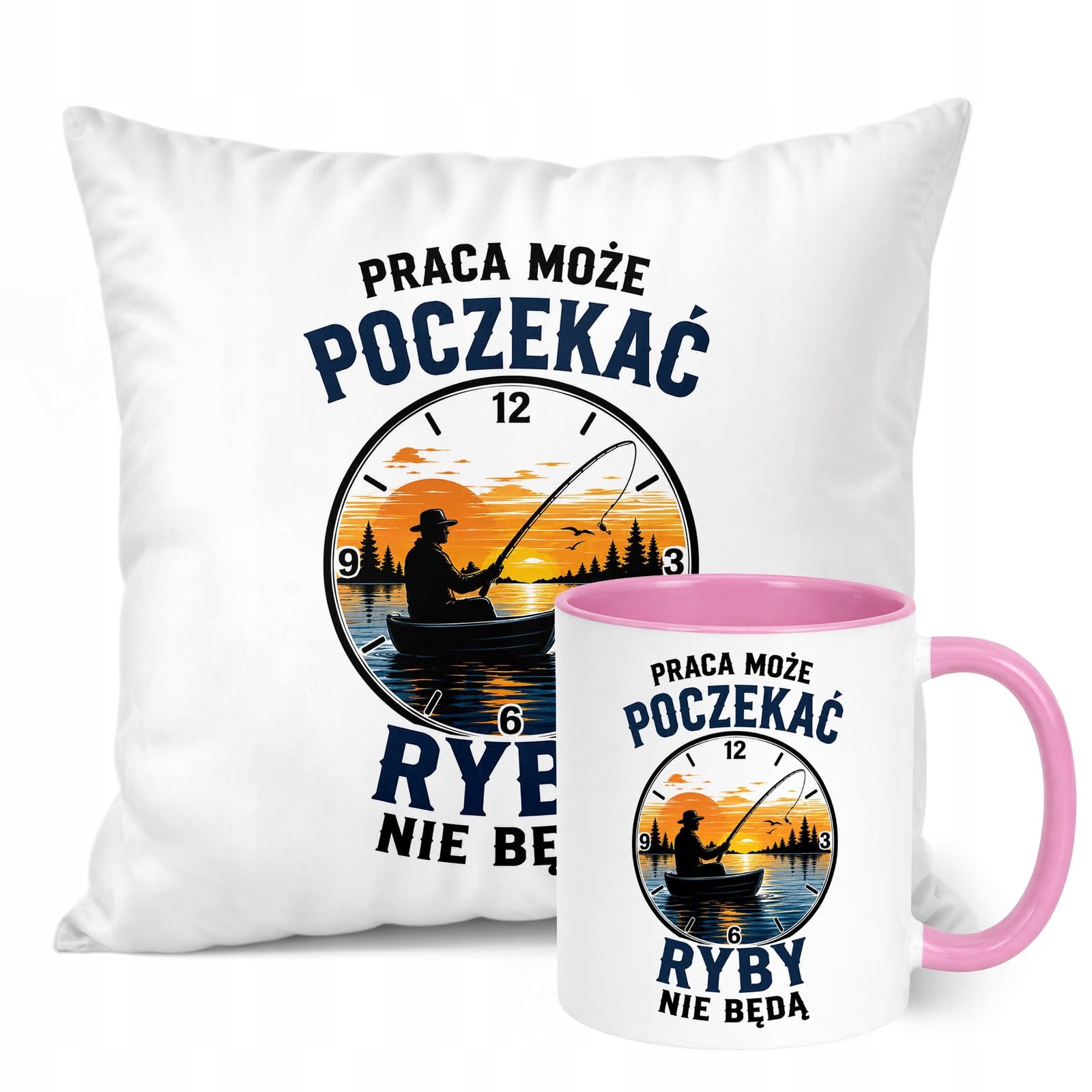 Zestaw Kubek Różowy Poduszka Z Nadrukiem Dla Wędkarza Prezent