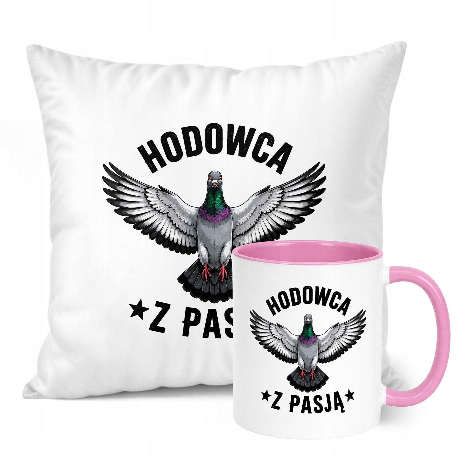 Zestaw Kubek Różowy Poduszka Z Nadrukiem Dla Gołębiarza Prezent