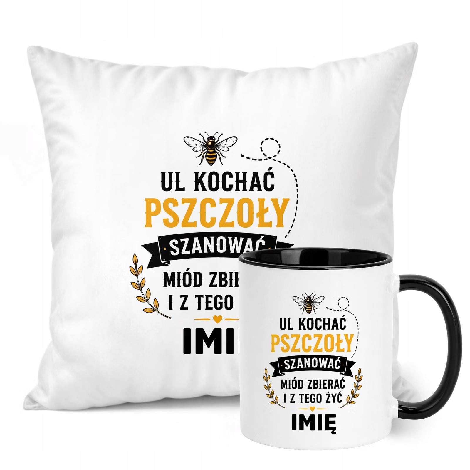 Zestaw Personalizowany Kubek Czarny Poduszka Z Nadrukiem Dla Pszczelarza