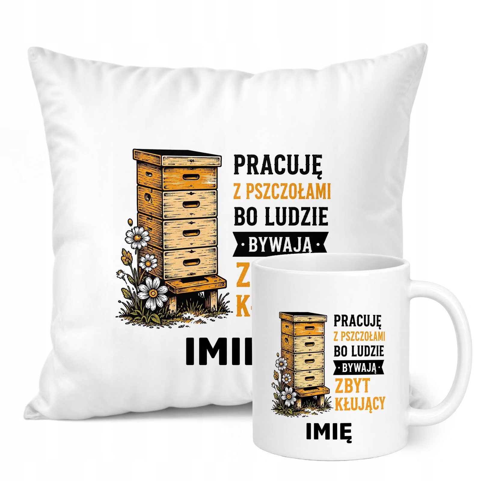 Zestaw Personalizowany Kubek Biały Poduszka Z Nadrukiem Dla Pszczelarza