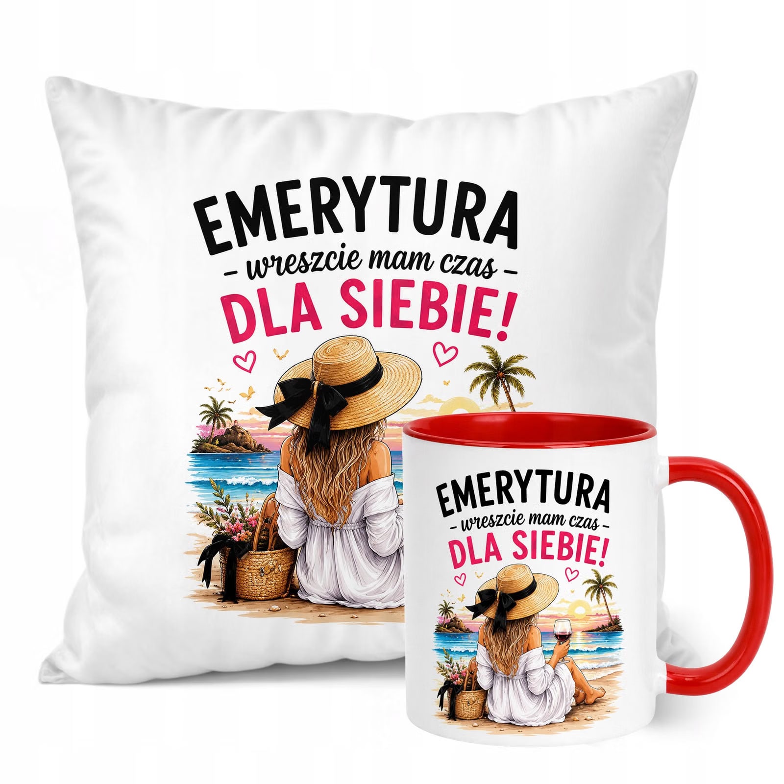 Zestaw Kubek Czerwony Poduszka Z Nadrukiem Emerytura Dla Emerytki Prezent