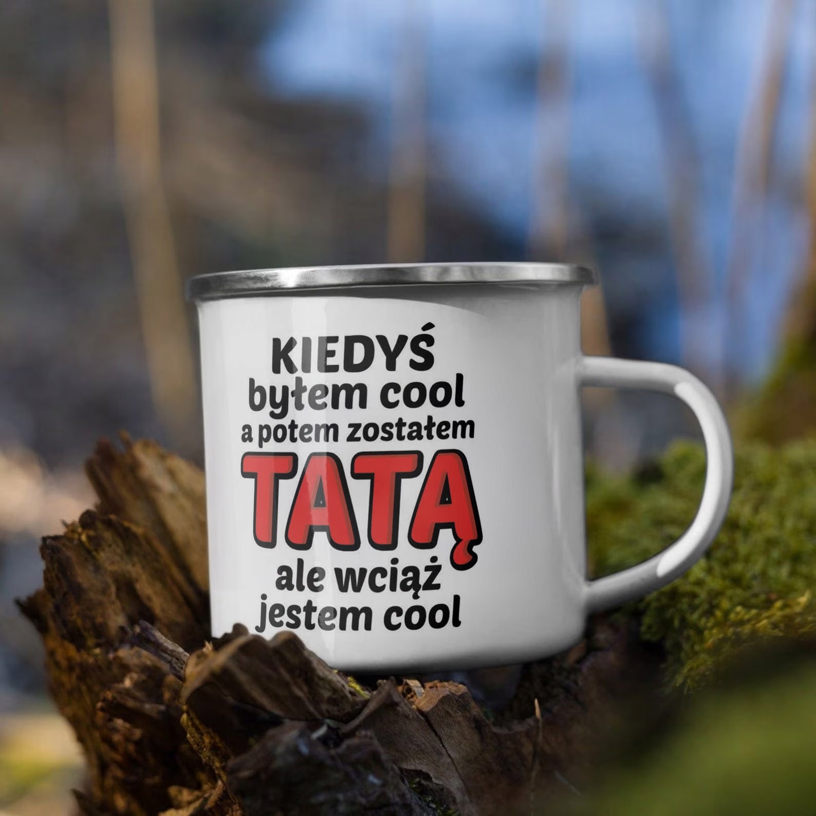 Kubek Emaliowany Dzień Ojca Dla Taty Kiedyś z Nadrukiem Biały Metalowy