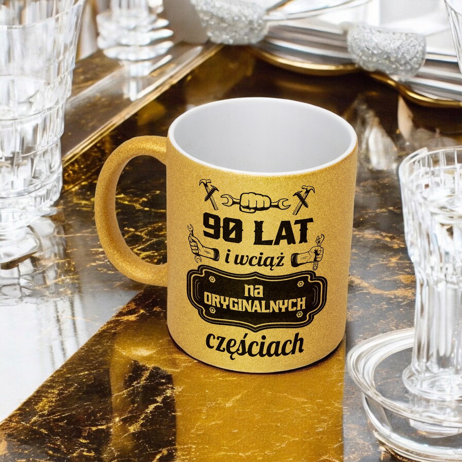 Złoty kubek brokatowy 90 Lat i Wciąż Na Oryginalnych Częściach Urodziny