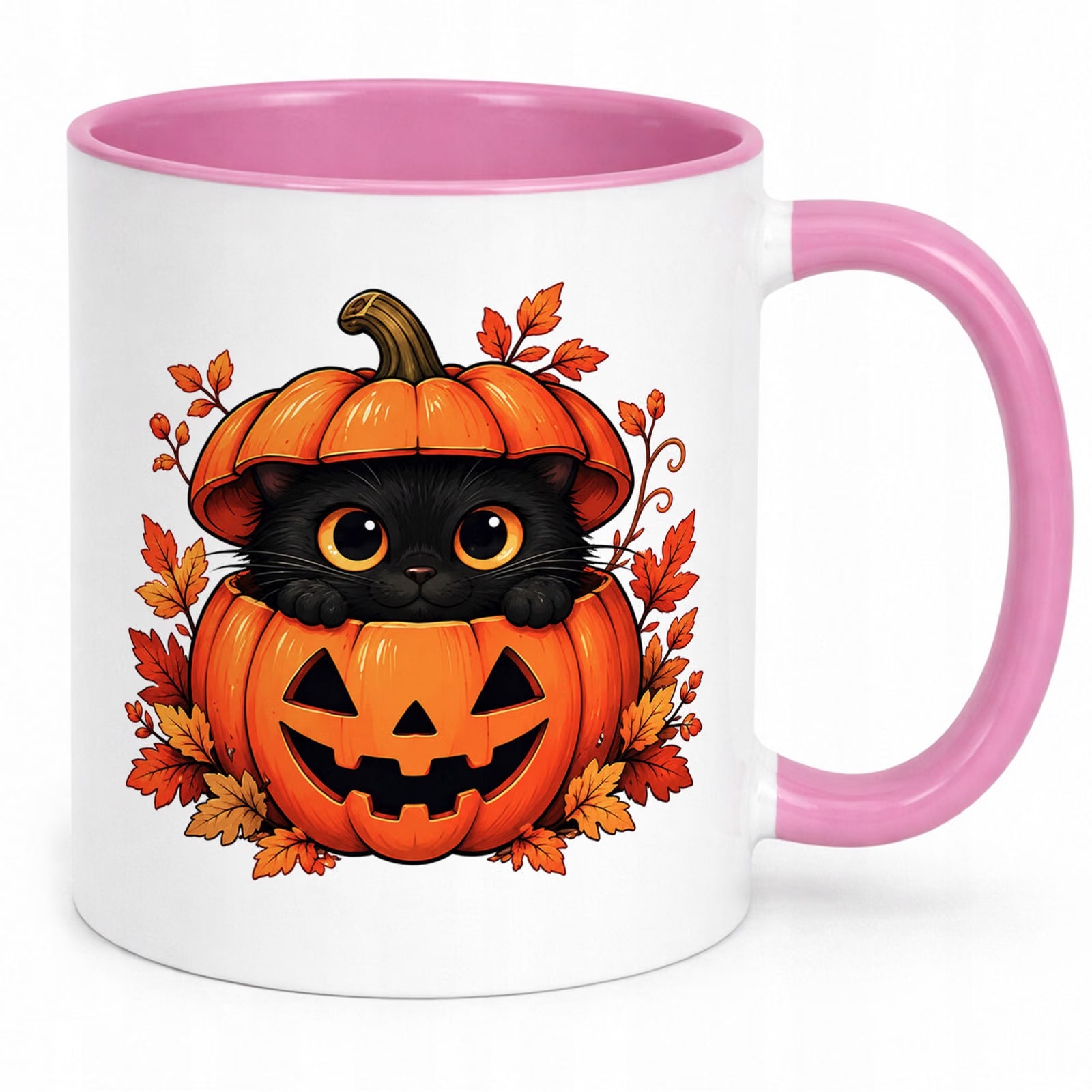 Kubek Różowy z Nadrukiem Halloween Jesień Kot Dynia Prezent Upominek