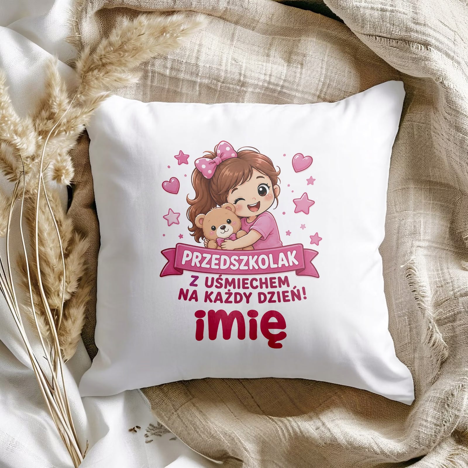 Zestaw Personalizowany Kubek Różowy Poduszka Przedszkolak Prezent