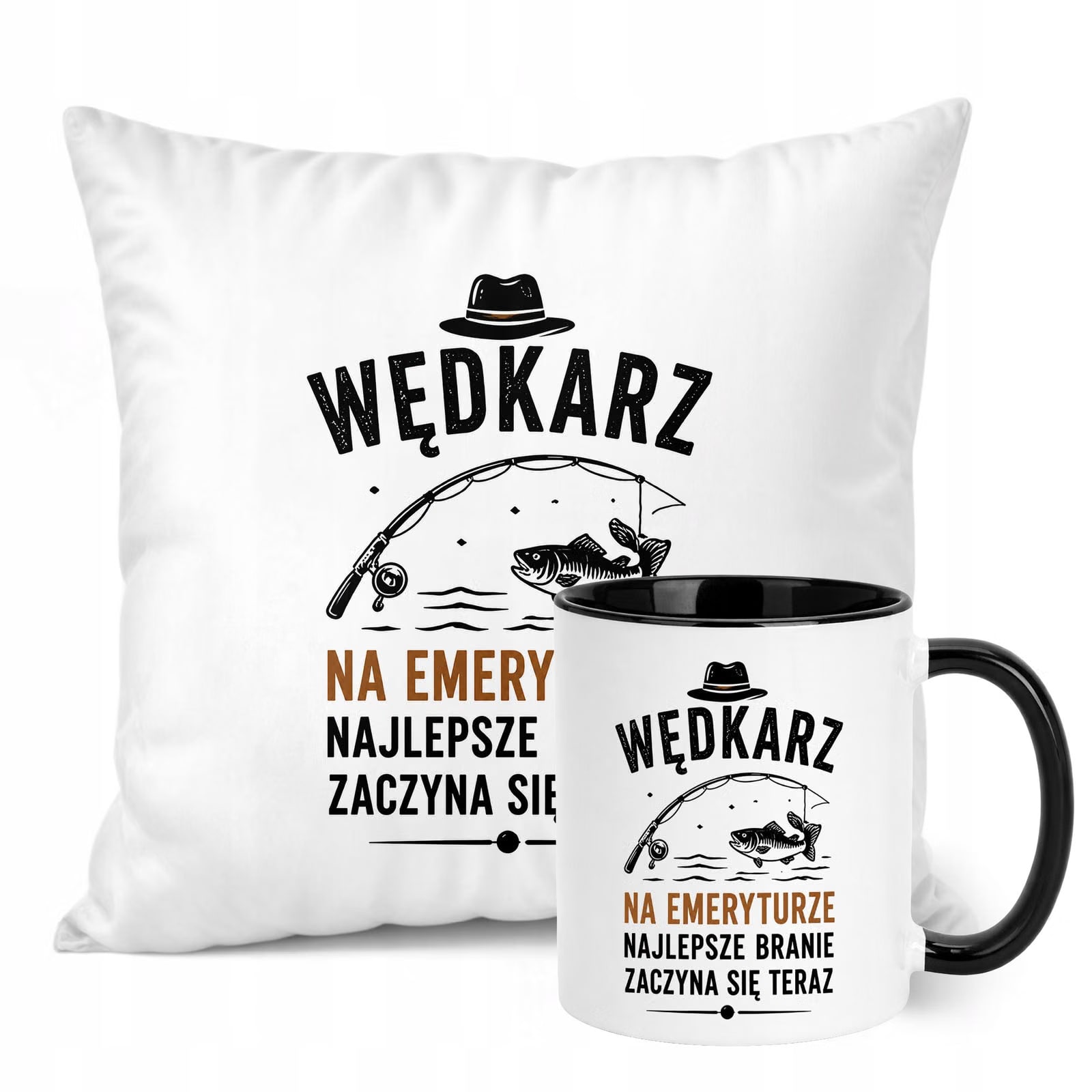 Zestaw Kubek Czarny Poduszka Z Nadrukiem Emerytura Dla Emeryta Prezent