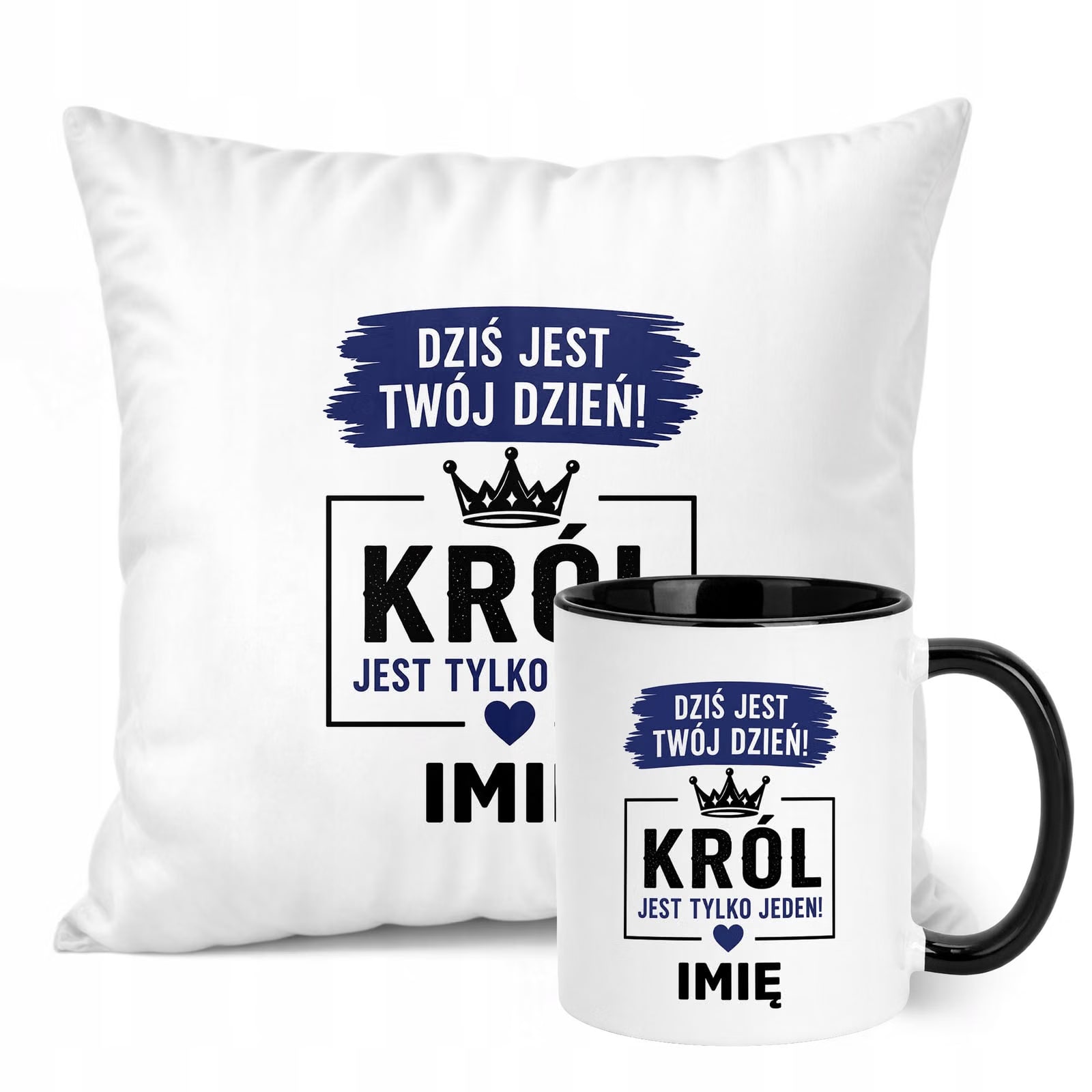 Zestaw Personalizowany Kubek Czarny Poduszka Dzień Chłopaka Z Nadrukiem