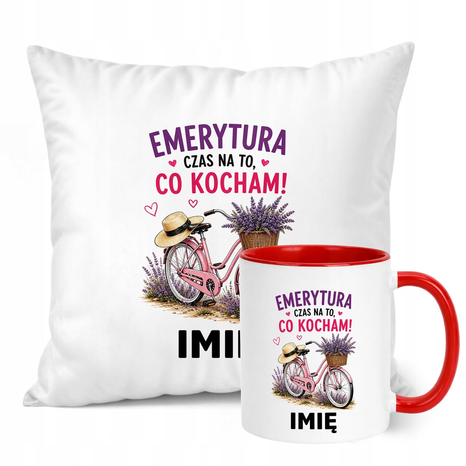 Zestaw Personalizowany Kubek Czerwony Poduszka Emerytura Upominek Prezent