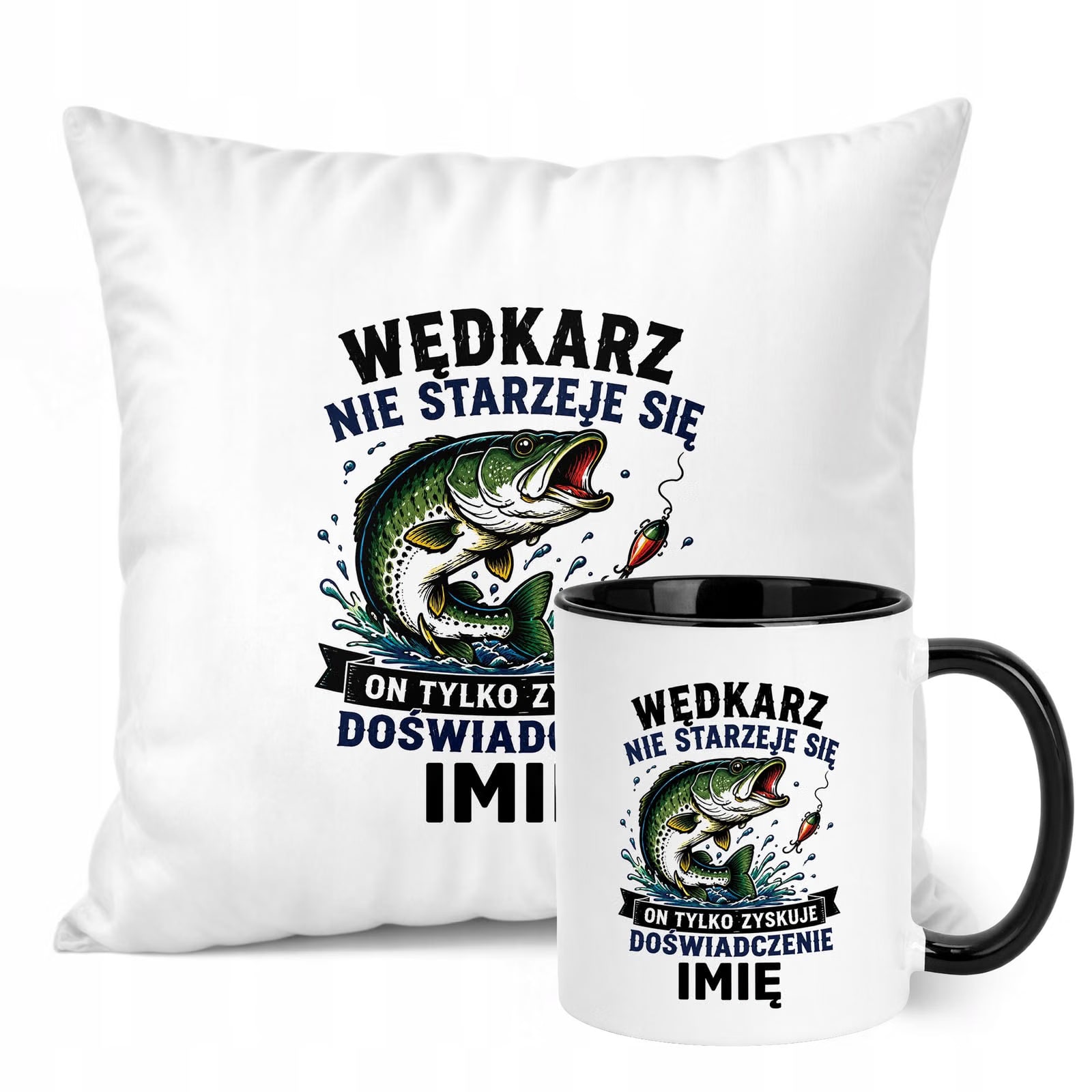 Zestaw Personalizowany Kubek Czarny Poduszka Z Nadrukiem Dla Wędkarza