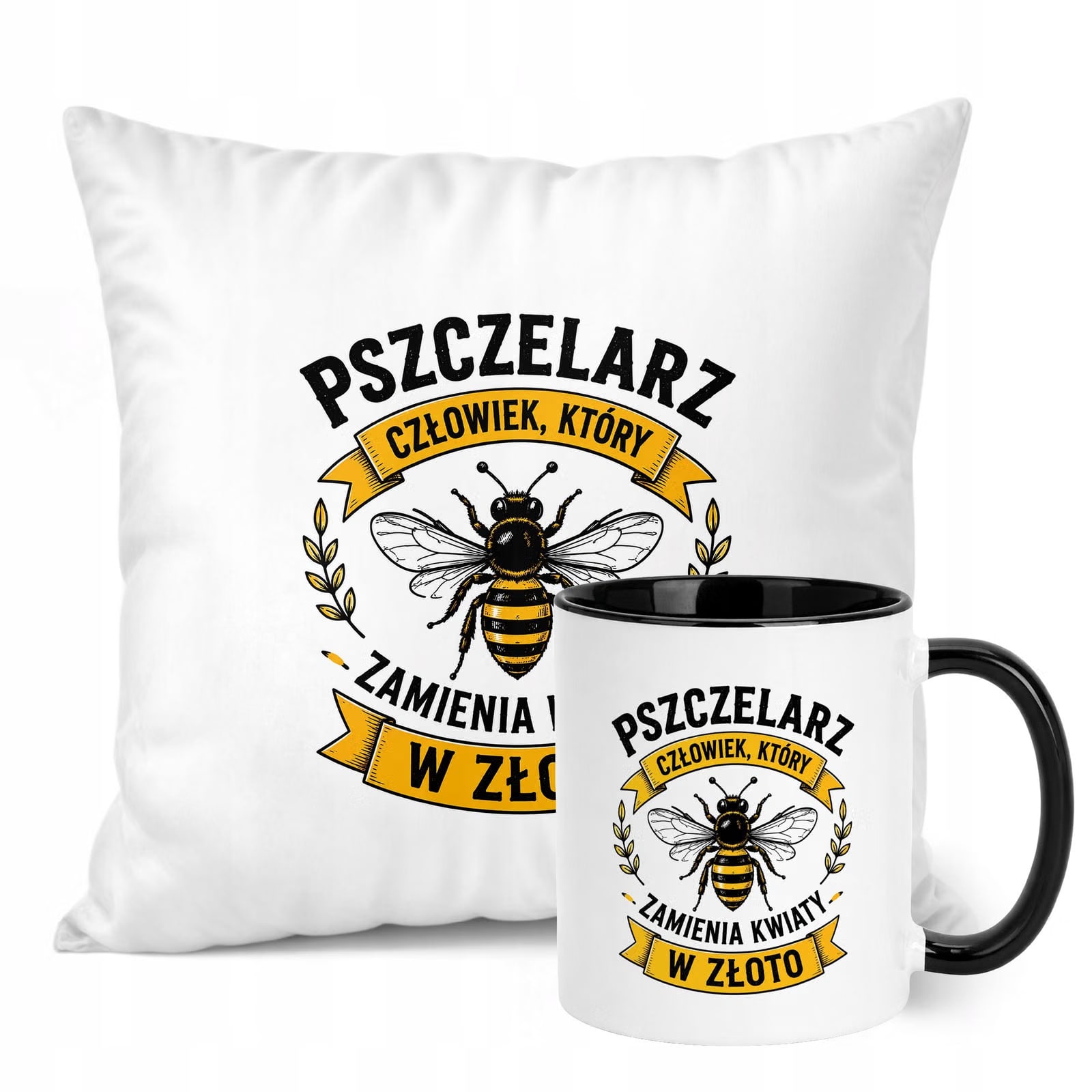 Zestaw Kubek Czarny Poduszka Z Nadrukiem Dla Pszczelarza Prezent