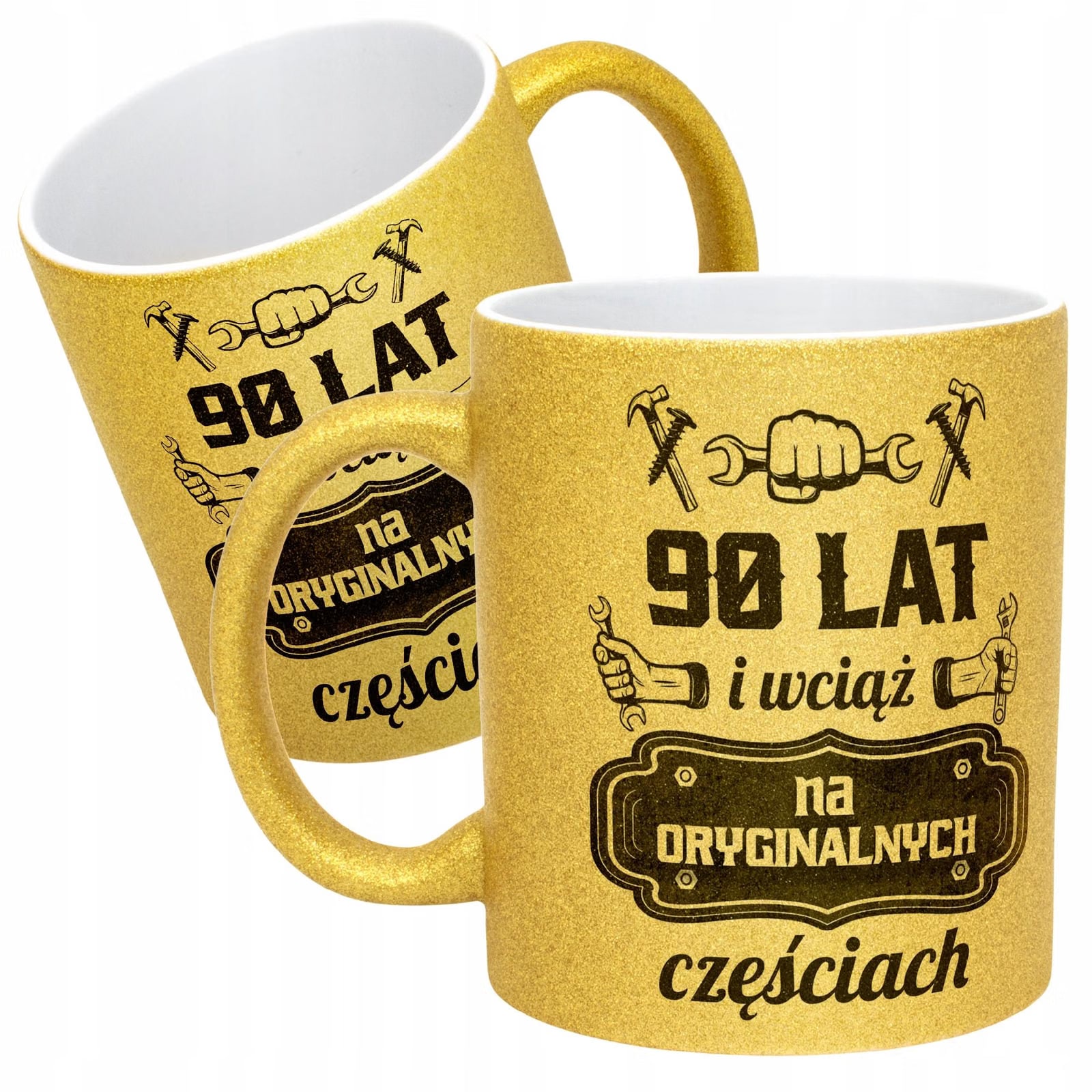 Złoty kubek brokatowy 90 Lat i Wciąż Na Oryginalnych Częściach Urodziny