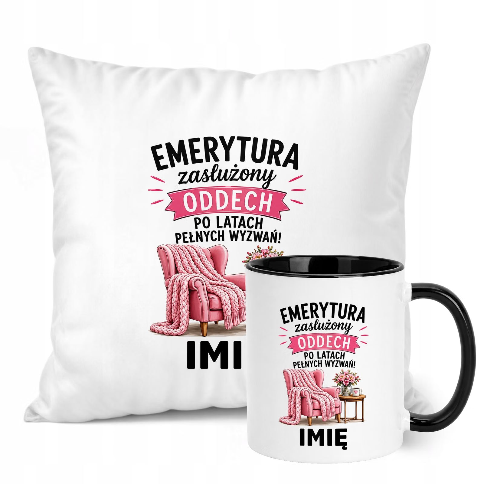 Zestaw Personalizowany Kubek Czarny Poduszka Emerytura Upominek Prezent