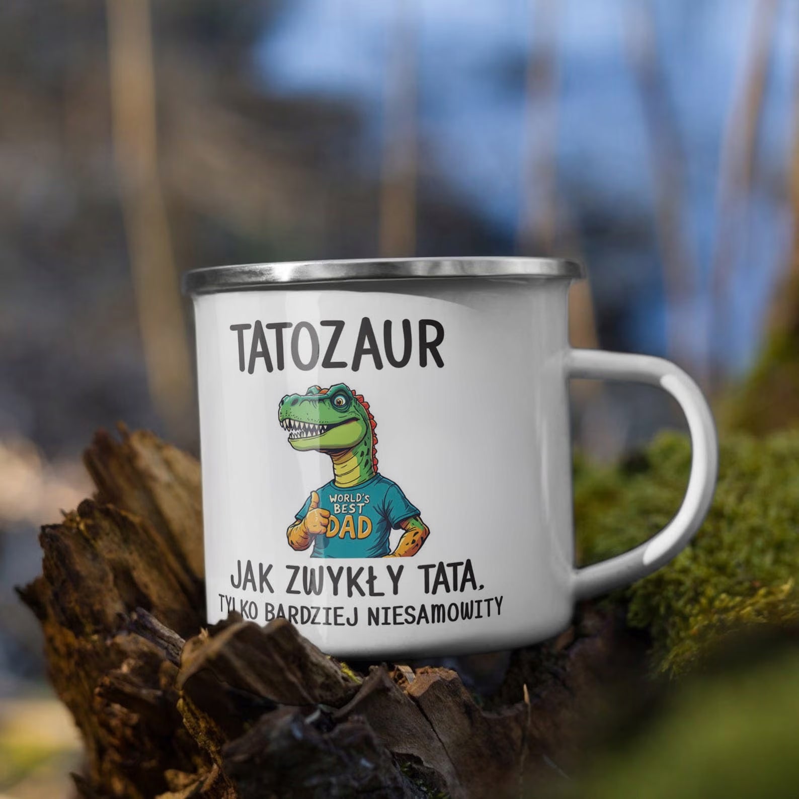 Kubek Emaliowany Dzień Ojca Tatozaur Dla Taty z Nadrukiem Biały Metalowy