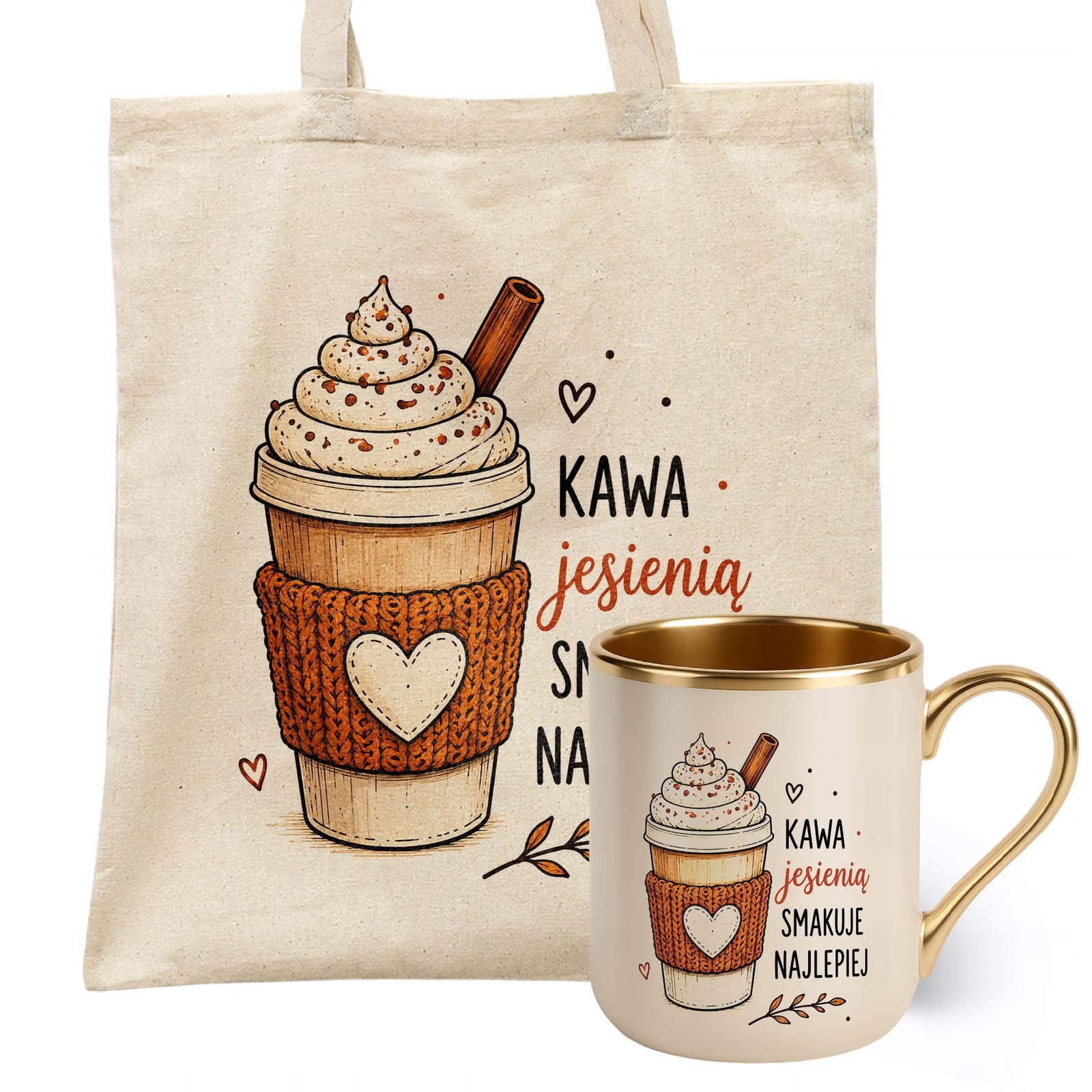 Zestaw Kubek Premium Złoty Ecru Torba Shopper Ecru Z Nadrukiem Jesień