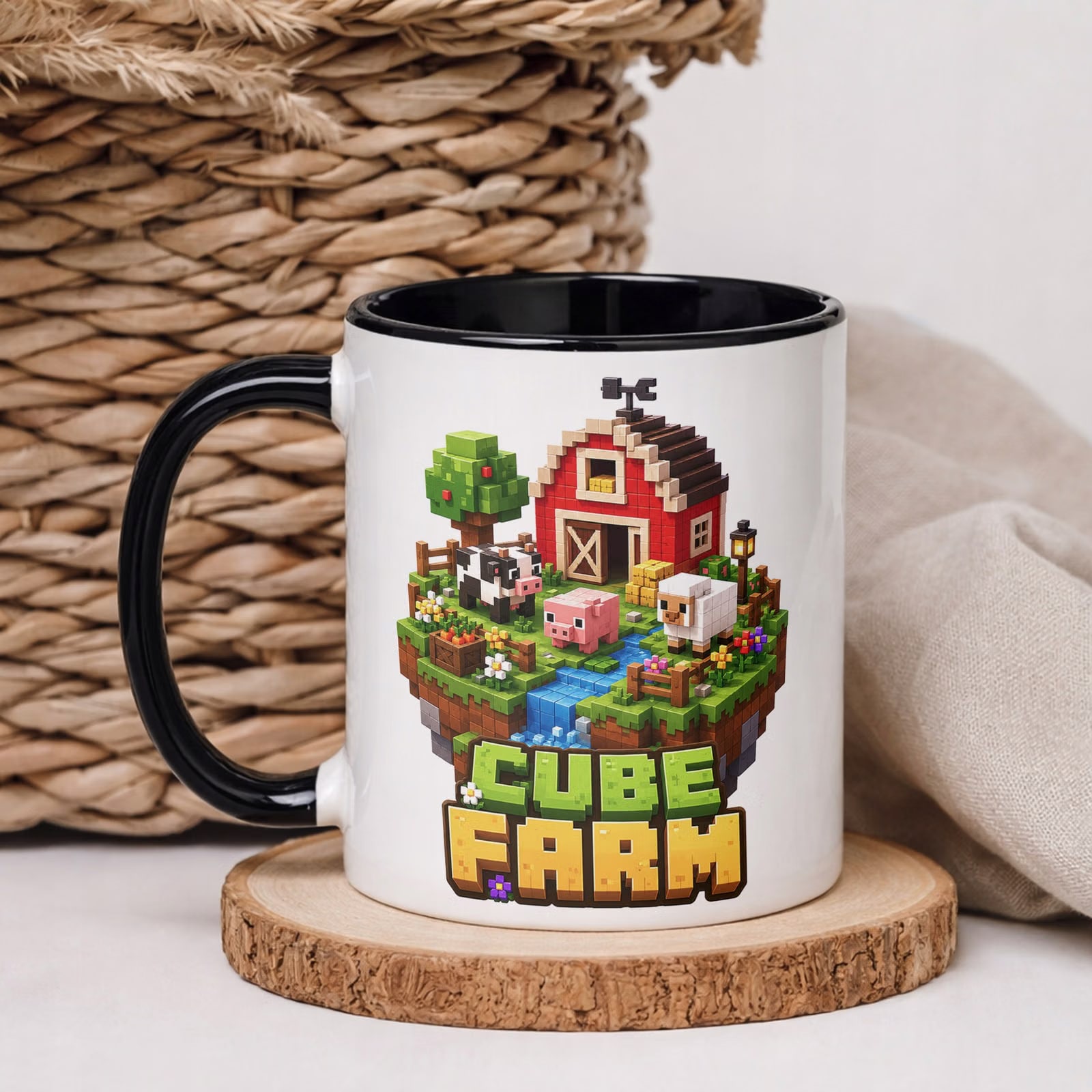 Kubek Czarny z nadrukiem CUBE FARM Dla Dzieci Prezent Upominek