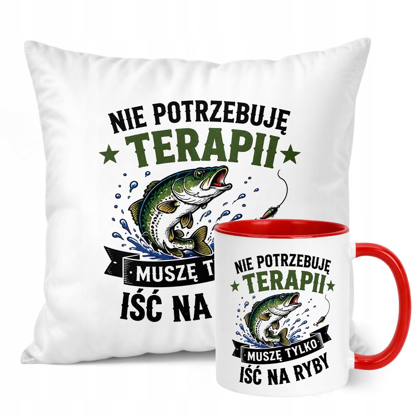 Zestaw Kubek Czerwony Poduszka Z Nadrukiem Dla Wędkarza Prezent