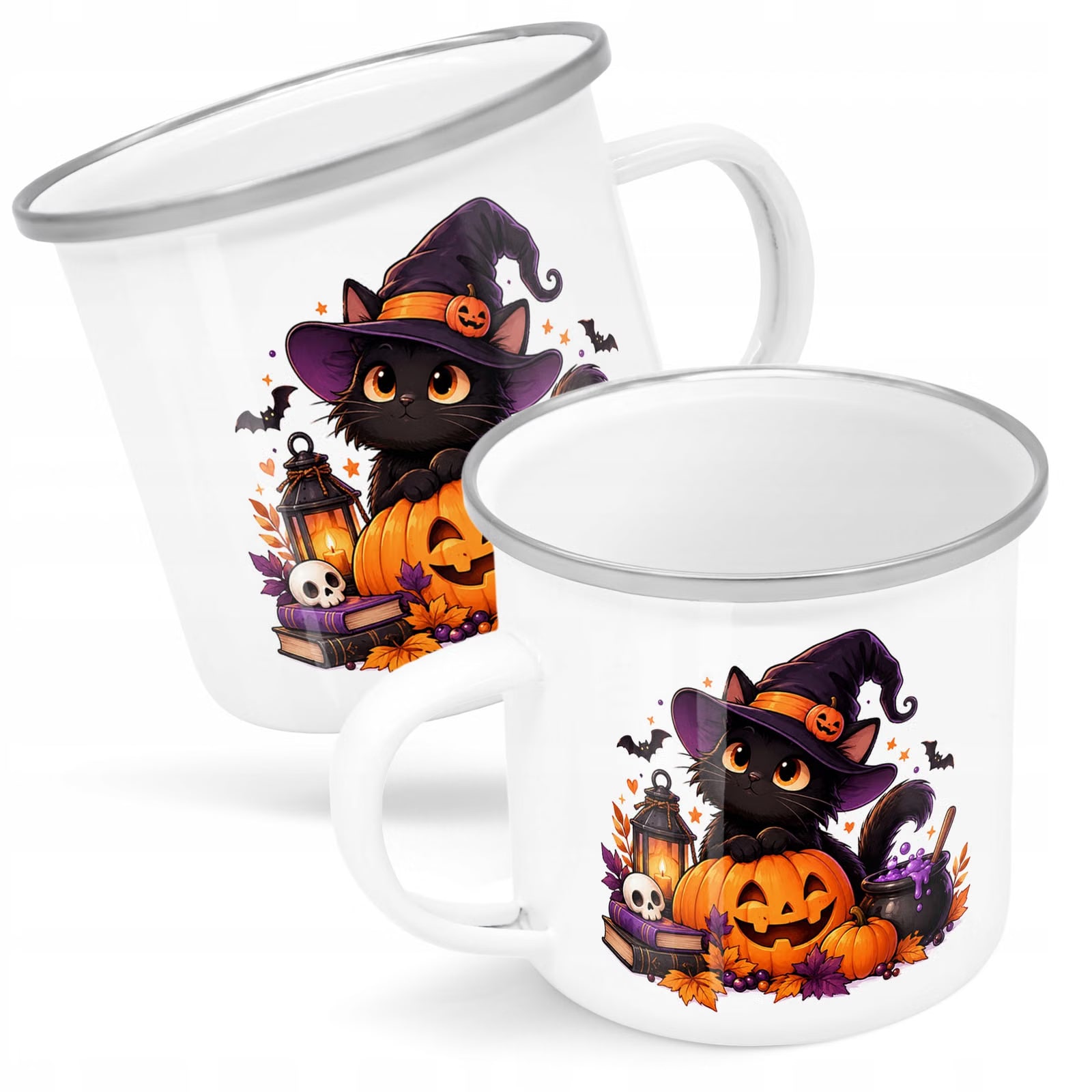 Kubek Emaliowany Halloween Kot Dynia z Nadrukiem Biały Metalowy Prezent