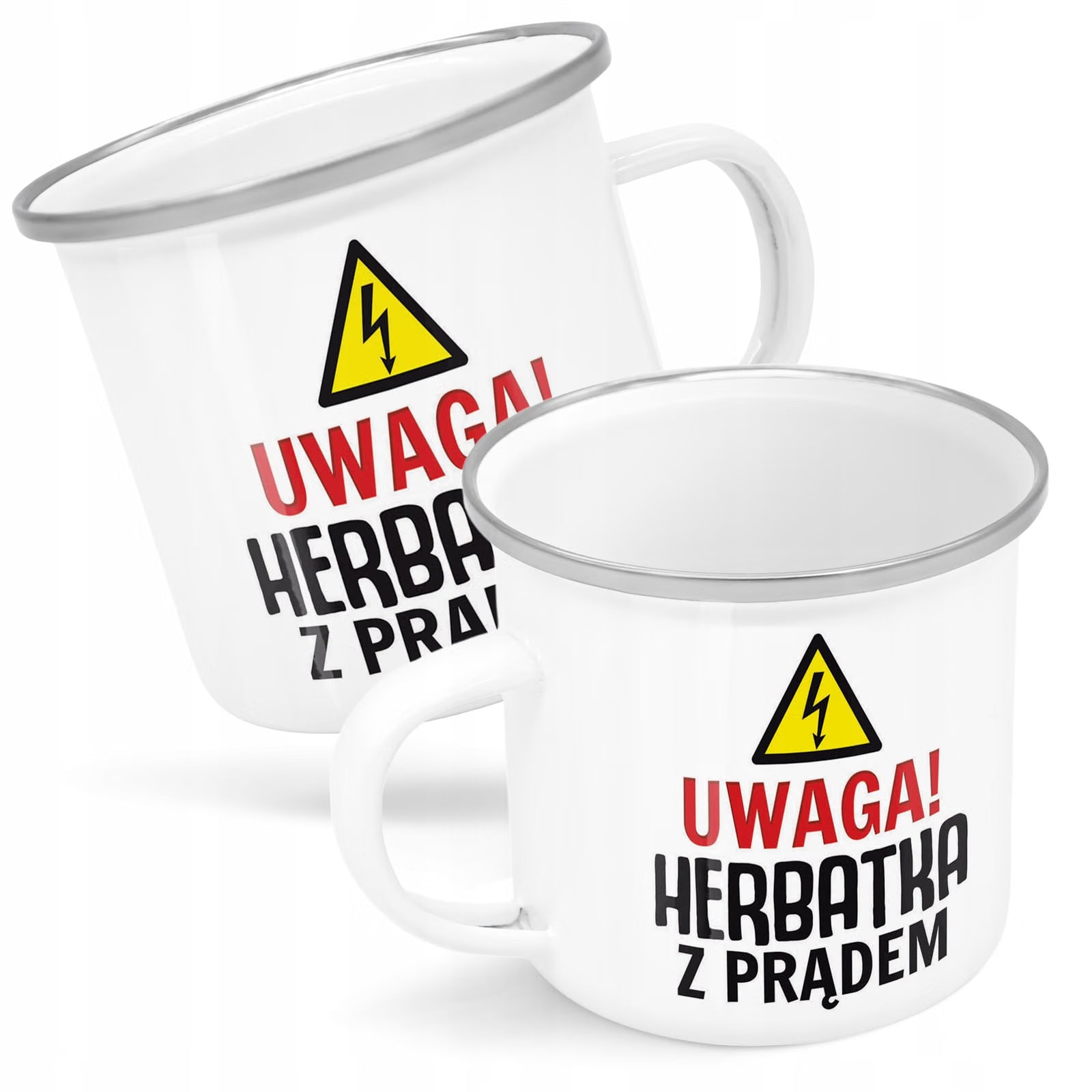 Kubek Emaliowany Uwaga Herbata Z Prądem Zabawny z Nadrukiem Biały Metalowy
