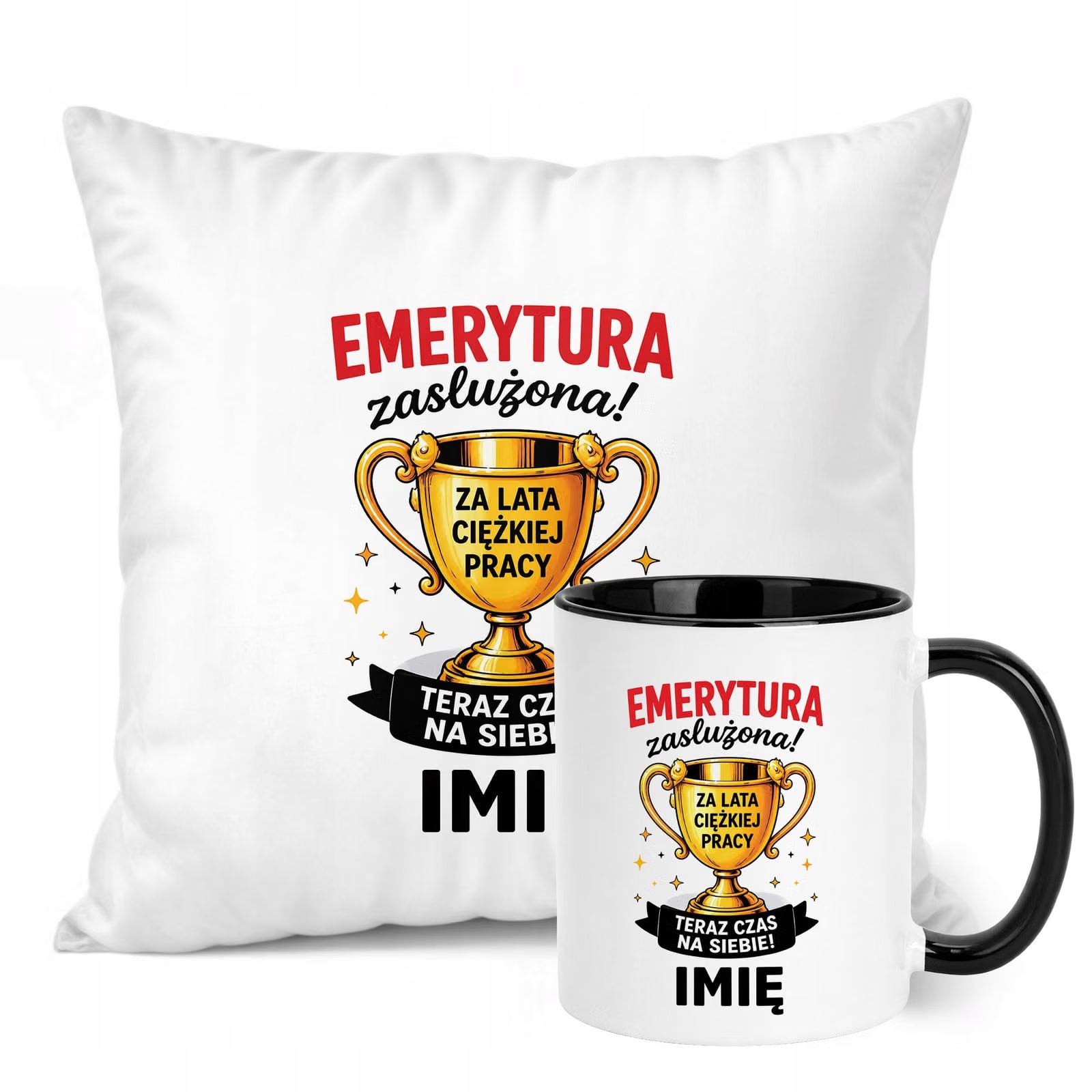 Zestaw Personalizowany Kubek Czarny Poduszka Emerytura Upominek Prezent