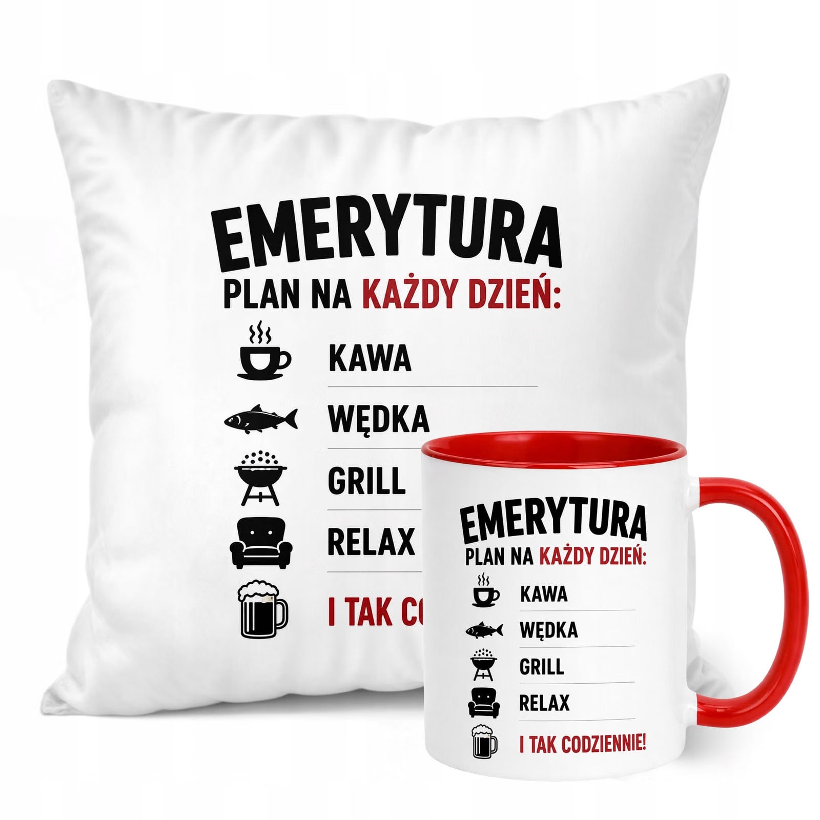 Zestaw Kubek Czerwony Poduszka Z Nadrukiem Emerytura Dla Emeryta Prezent