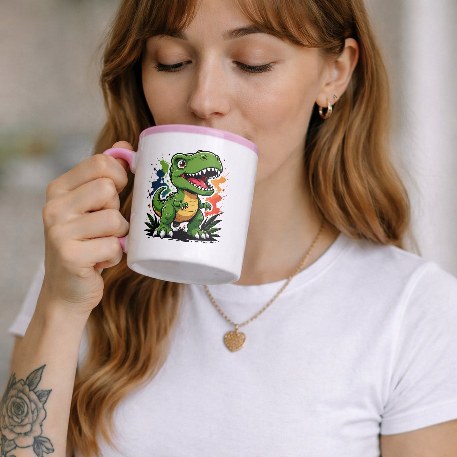 Zestaw Kubek Różowy Podkładka pod mysz z nadrukiem T-rex