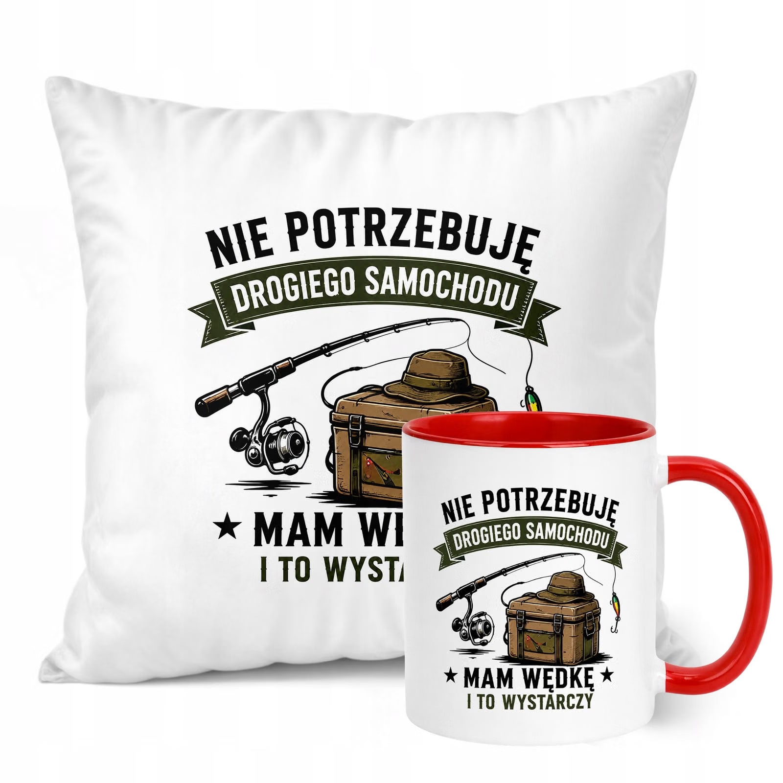 Zestaw Kubek Czerwony Poduszka Z Nadrukiem Dla Wędkarza Prezent