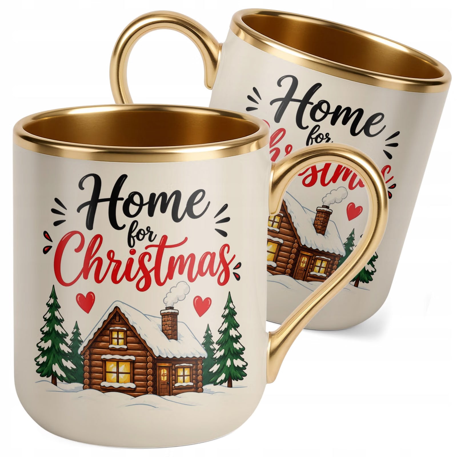 Kubek Premium Złoty Ecru Boże Narodzenie Mikołajki Home For Christmas