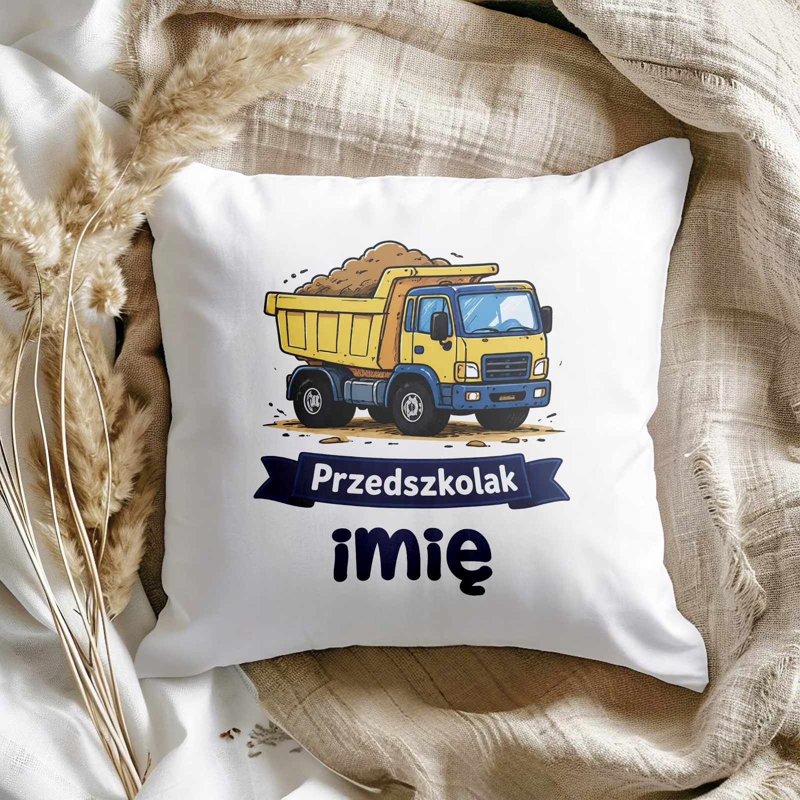 Zestaw Personalizowany Kubek Czerwony Poduszka Przedszkolak Ciężarówka