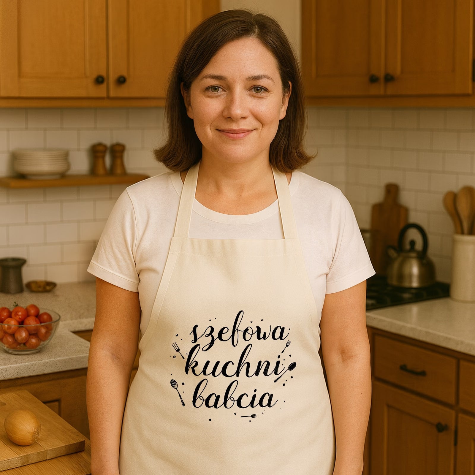 Bawełniany Fartuch Kuchenny Ecru Dzień Babci Dla Babci Prezent Z Nadrukiem