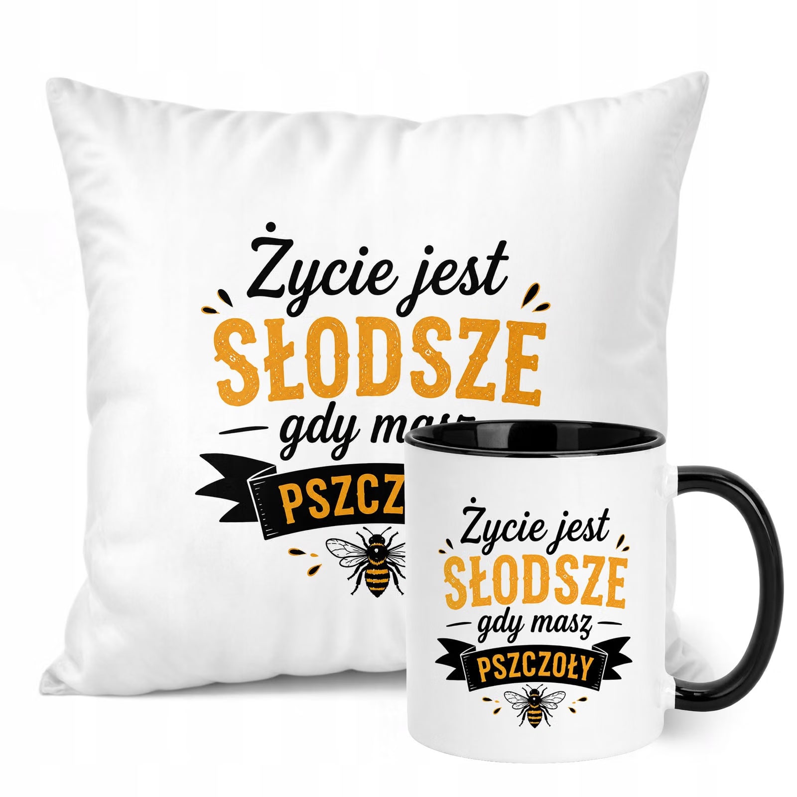 Zestaw Kubek Czarny Poduszka Z Nadrukiem Dla Pszczelarza Prezent