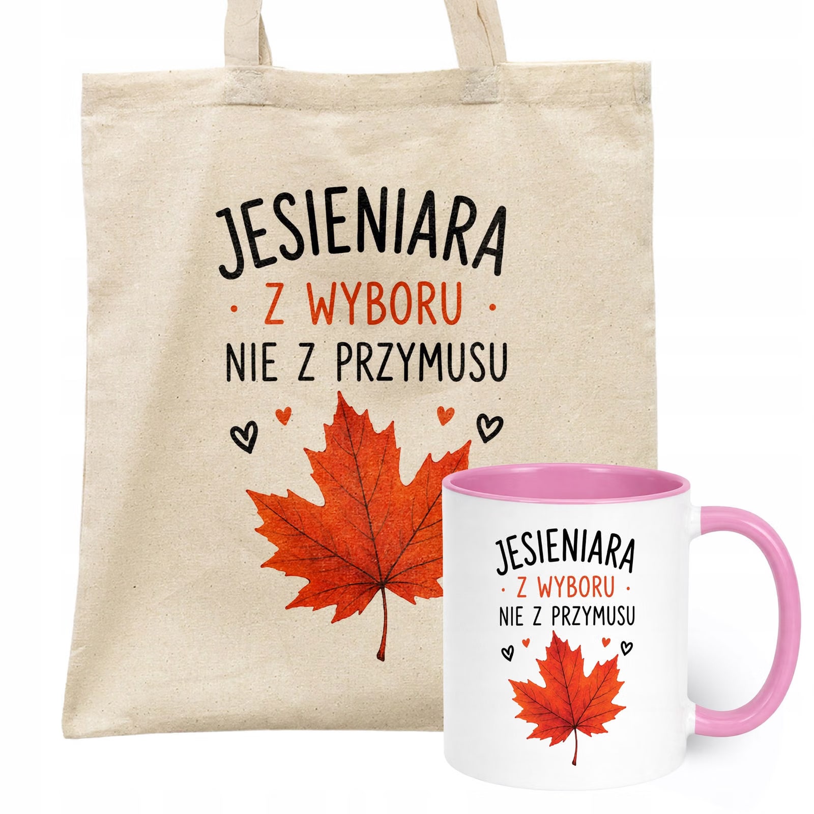 Zestaw Kubek Różowy Torba Shopper Ecru Z Nadrukiem Jesień Jesienny