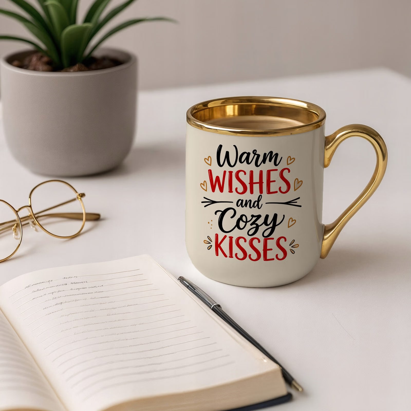 Kubek Premium Złoty Ecru Boże Narodzenie Święta Warm Wishes Prezent