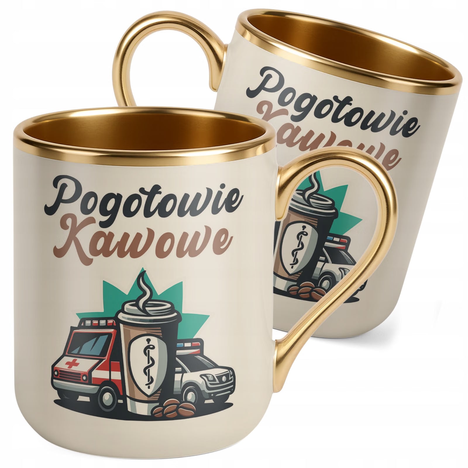 Kubek Premium Złoty Ecru Pogotowie Kawowe Zabawny Prezent Kawa