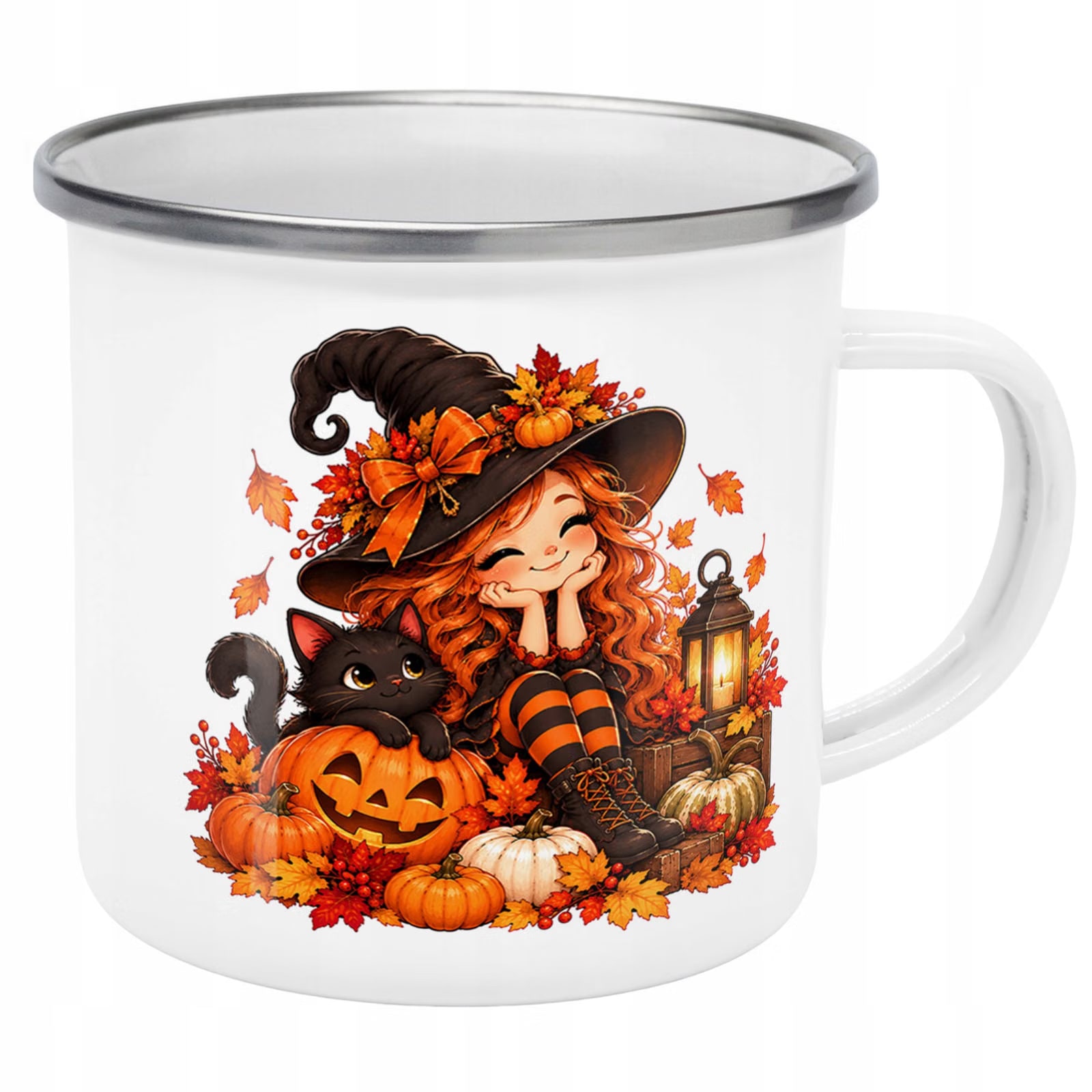 Kubek Emaliowany Halloween Czarownica Kot z Nadrukiem Biały Metalowy