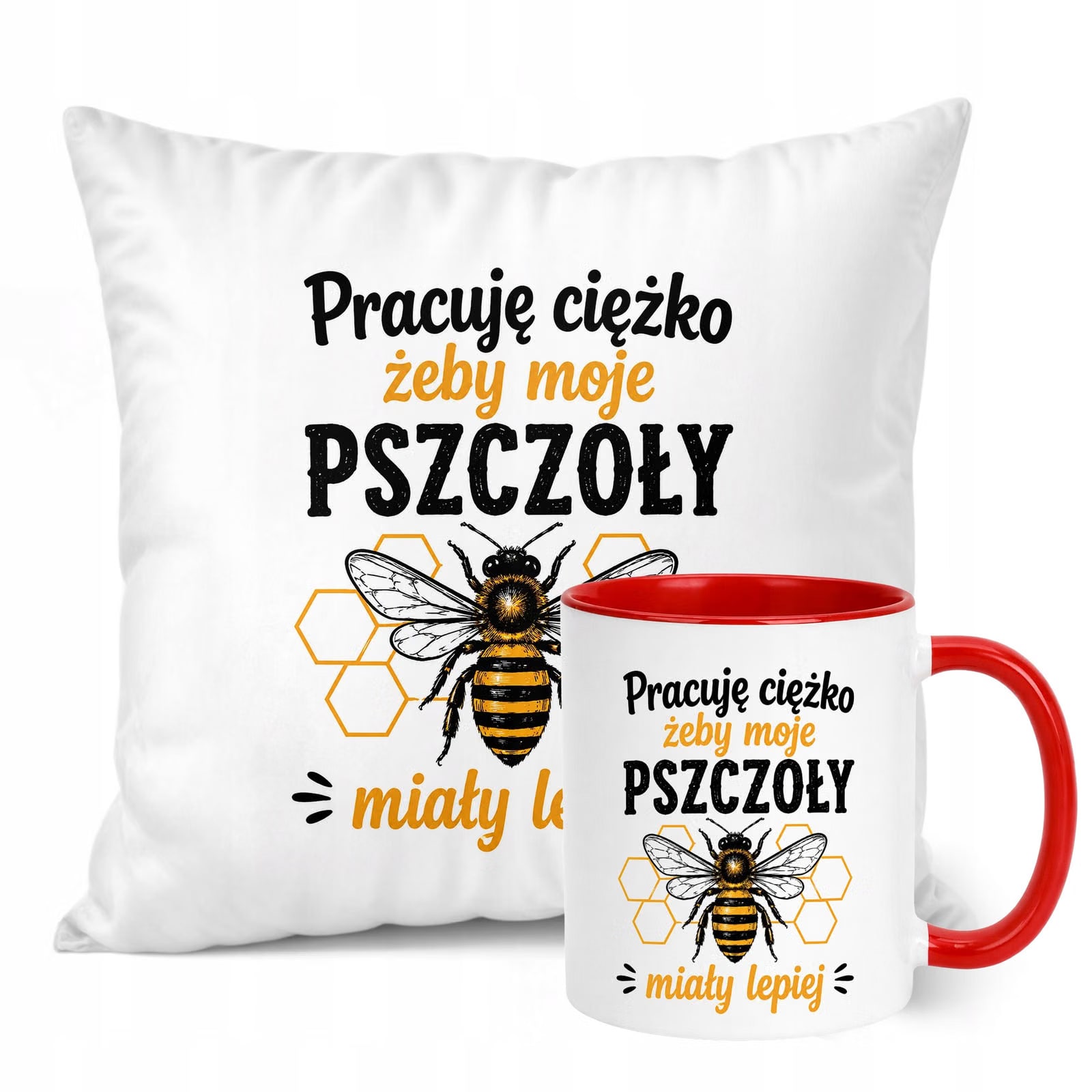 Zestaw Kubek Czerwony Poduszka Z Nadrukiem Dla Pszczelarza Prezent