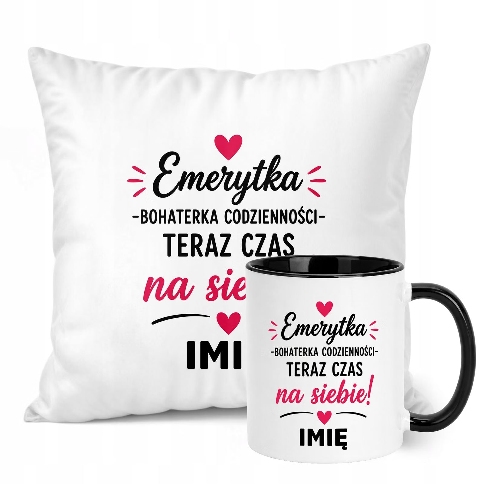 Zestaw Personalizowany Kubek Czarny Poduszka Emerytura Upominek Prezent